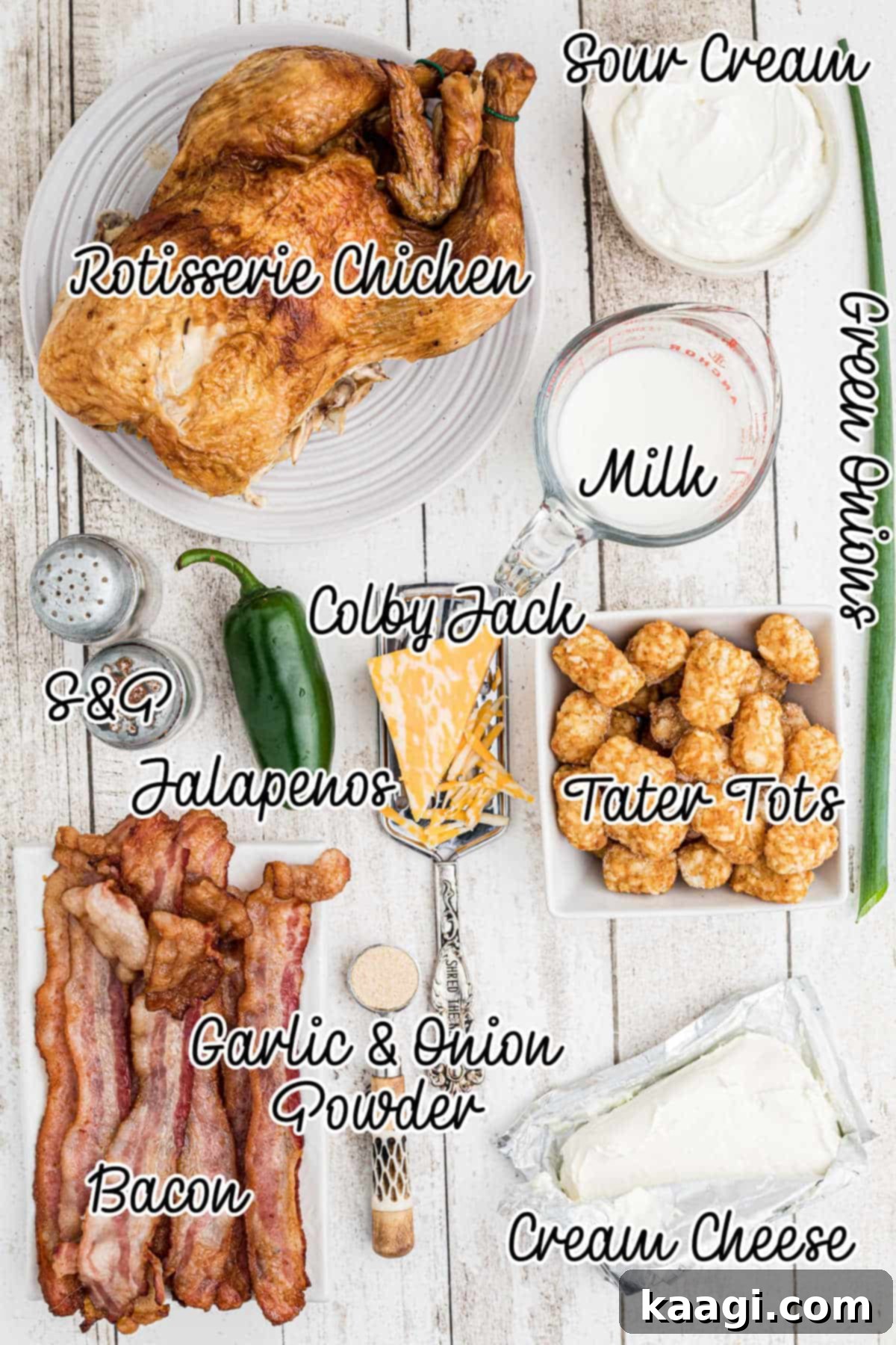 A vibrant array of fresh ingredients laid out, including green jalapenos, blocks of cream cheese, sour cream, crispy bacon, shredded cheese, and a bag of frozen tater tots, ready to make a Jalapeno Popper Tater Tot Casserole.