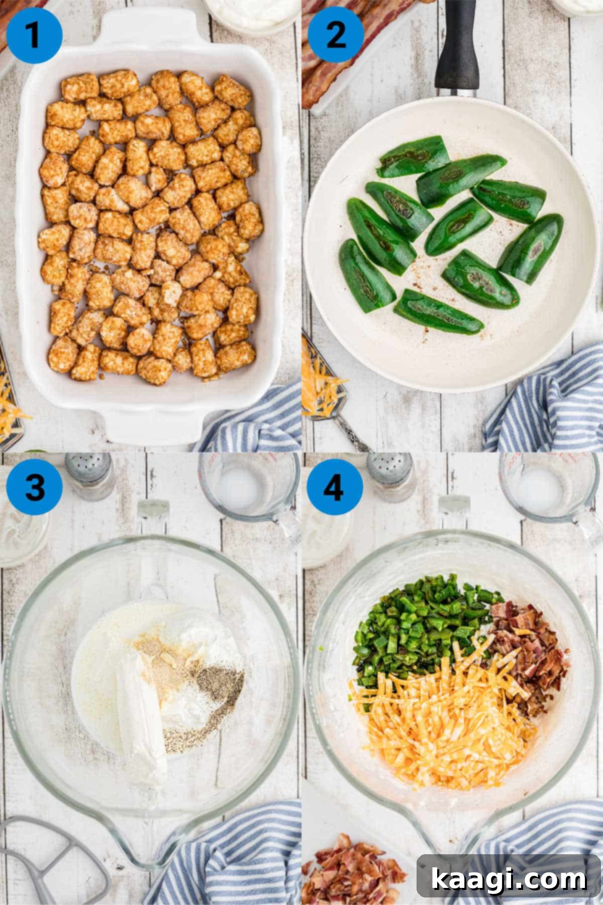 A step-by-step visual guide showing four stages of preparing Jalapeno Popper Tater Tot Casserole: baking tots, toasting jalapenos, mixing the creamy filling, and adding cheese and bacon to the filling.