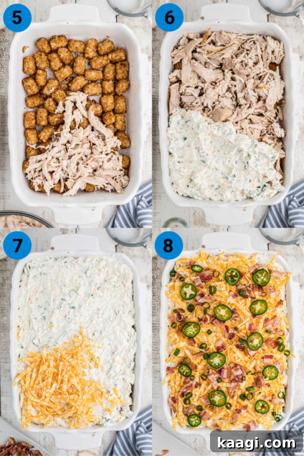 A continuation of the Jalapeno Popper Tater Tot Casserole making process, showing shredded chicken being layered over tater tots, the creamy mixture spread on top, followed by cheese, and finally garnished with bacon, green onions, and jalapeno slices before baking.