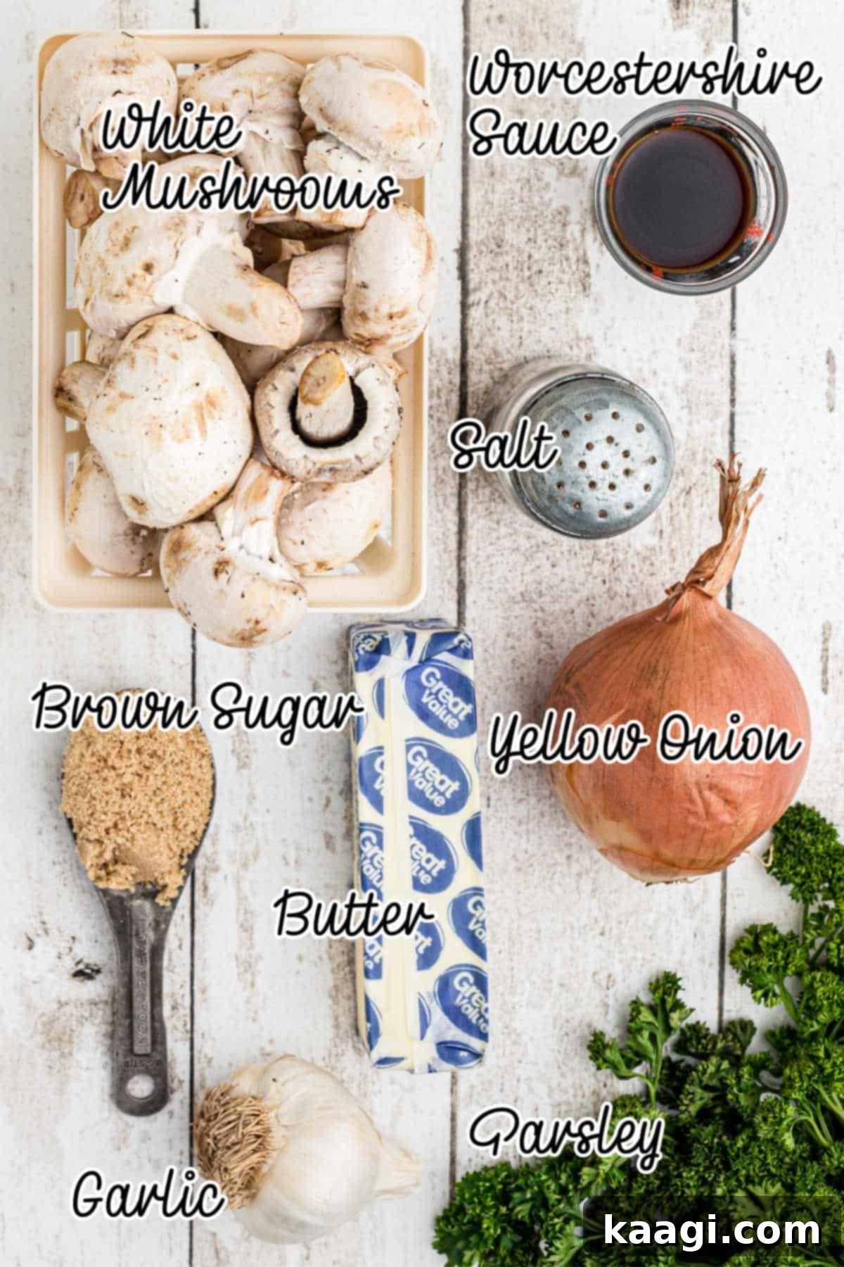 A flat lay image displaying all the fresh ingredients required to prepare the Texas Roadhouse Sauteed Mushrooms Recipe.