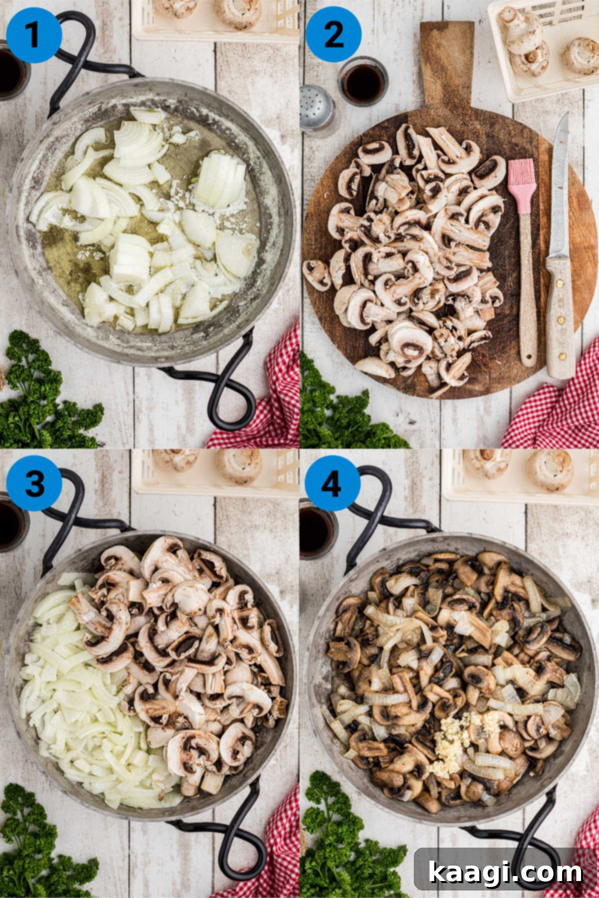 A four-image collage demonstrating the key stages of cooking Texas Roadhouse Sauteed Mushrooms, from prepping ingredients to adding seasonings.