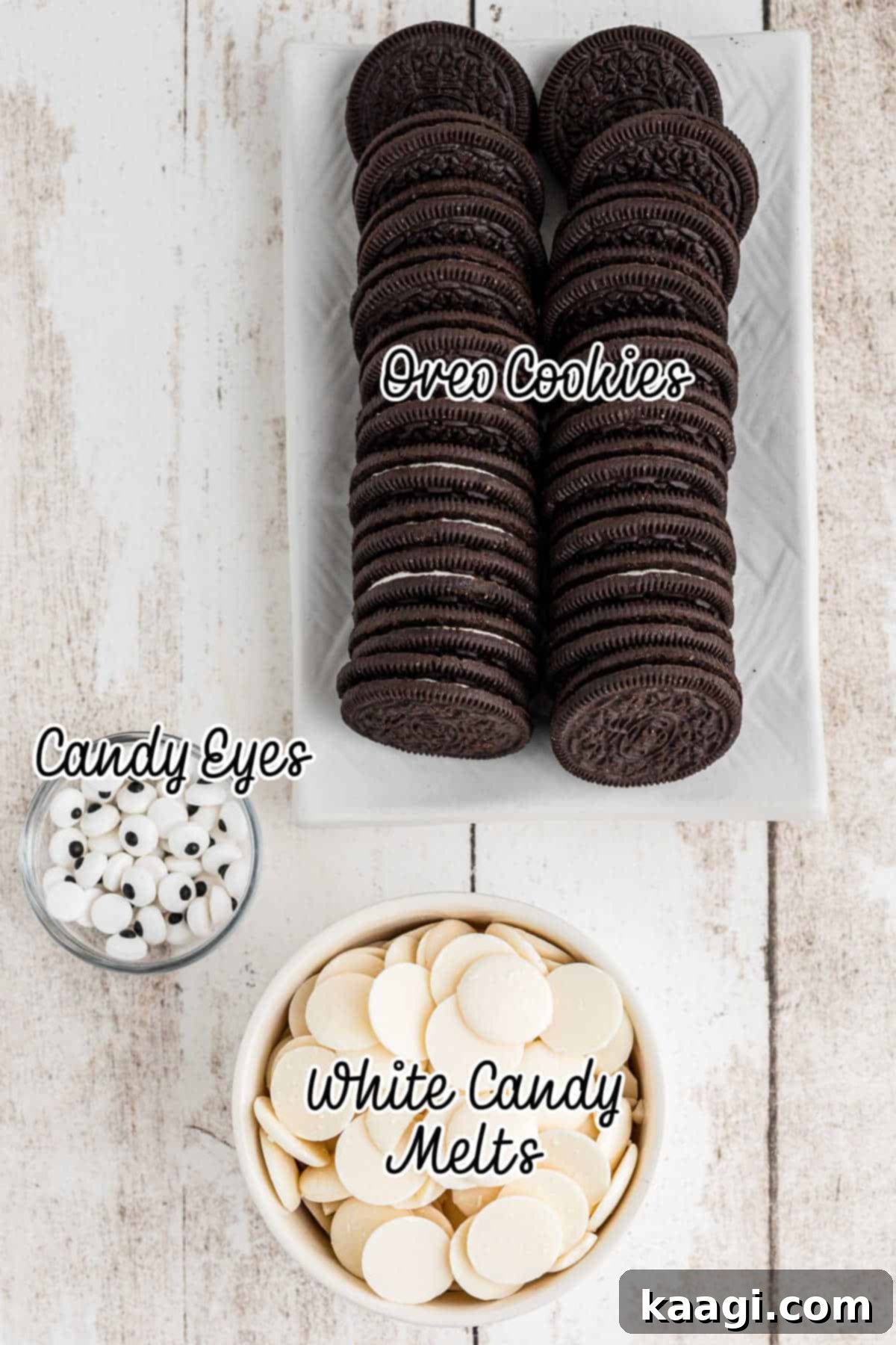 Ingredients needed to make mummy oreos, including Oreo cookies, white candy melts, and candy eyeballs.