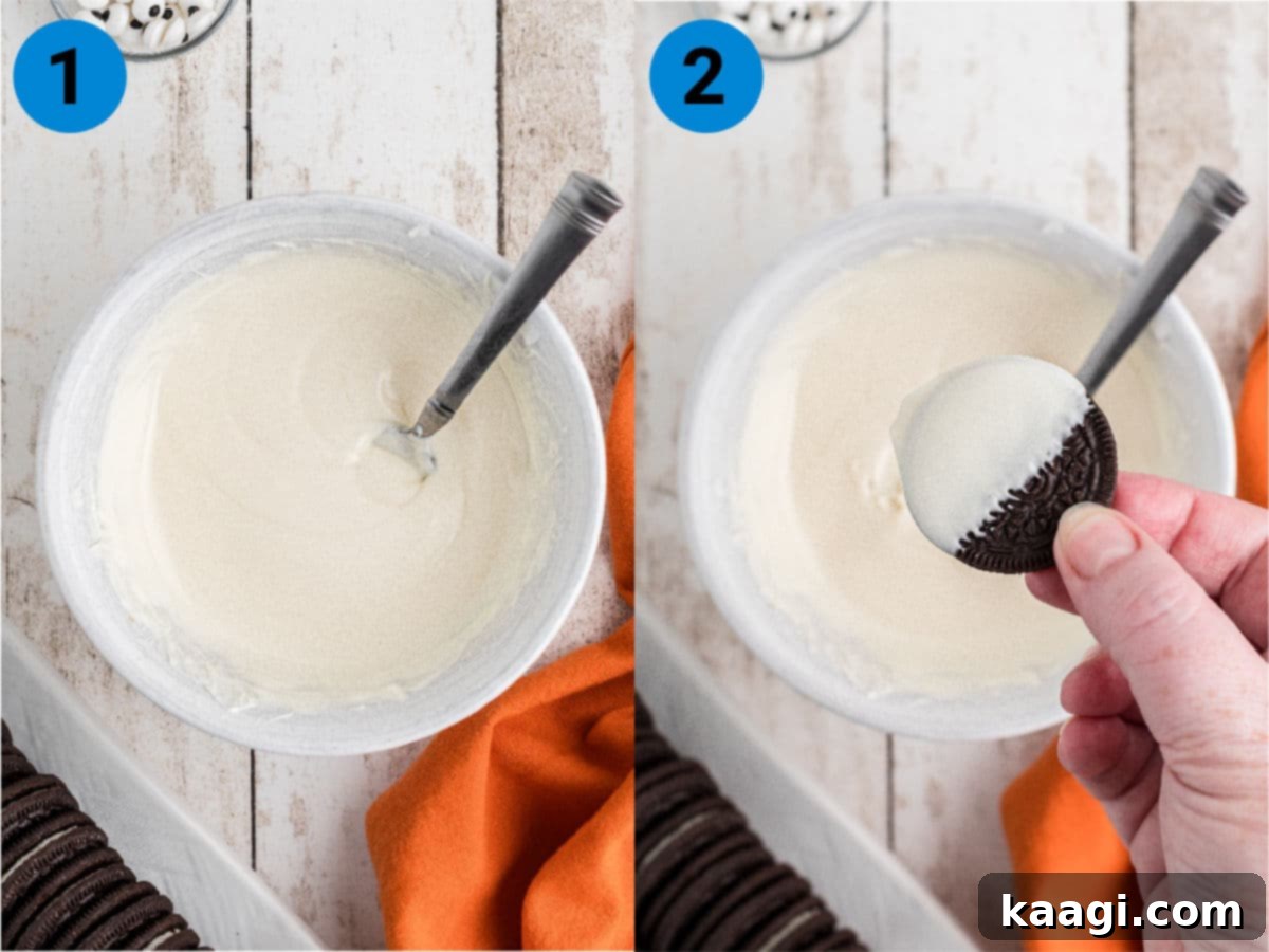 A collage of two images showing the process of dipping Oreo cookies in white candy melts and placing them on wax paper to dry.