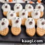 Boo-tter Bites 7 Close up shot of a plate of nutter butter ghosts for Halloween.