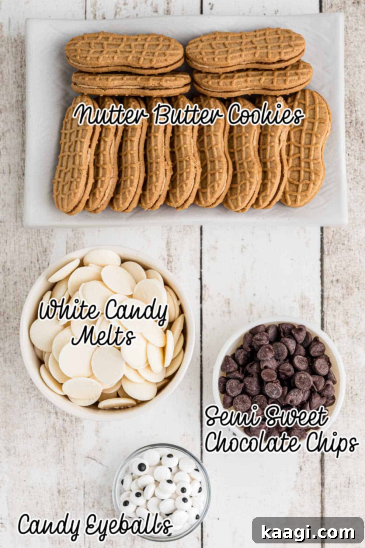 Boo-tter Bites 3 Ingredients needed to make Halloween Nutter Butter Ghosts.