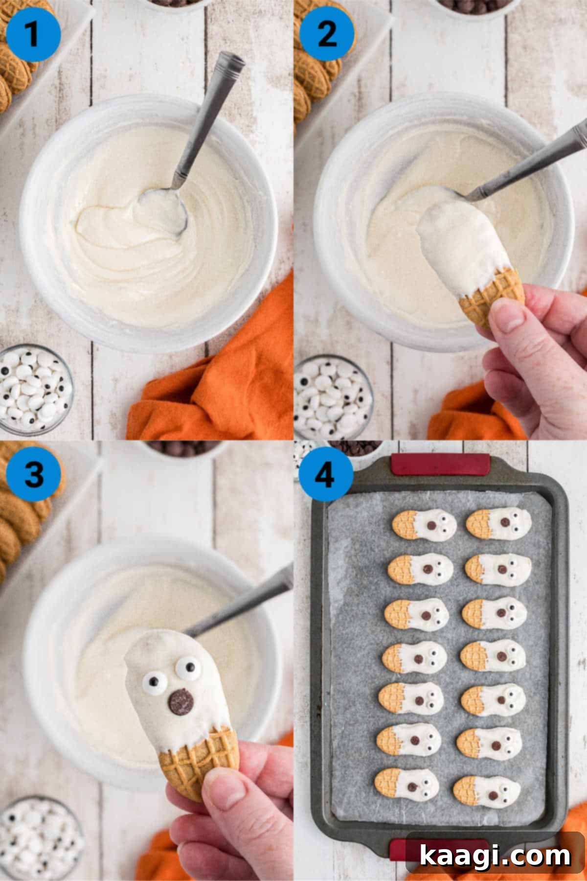 Boo-tter Bites 4 A collage of four images showing how to make Nutter Butter Ghosts for Halloween.