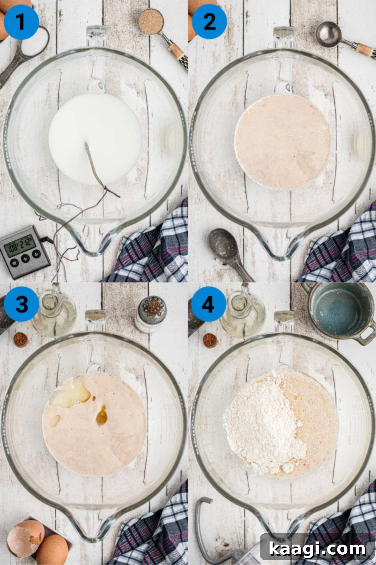 Melt-in-Your-Mouth Garlic Butter Buns 4 A four-image collage showing the initial steps of preparing garlic butter rolls: warming milk, adding yeast, mixing ingredients, and kneading dough.