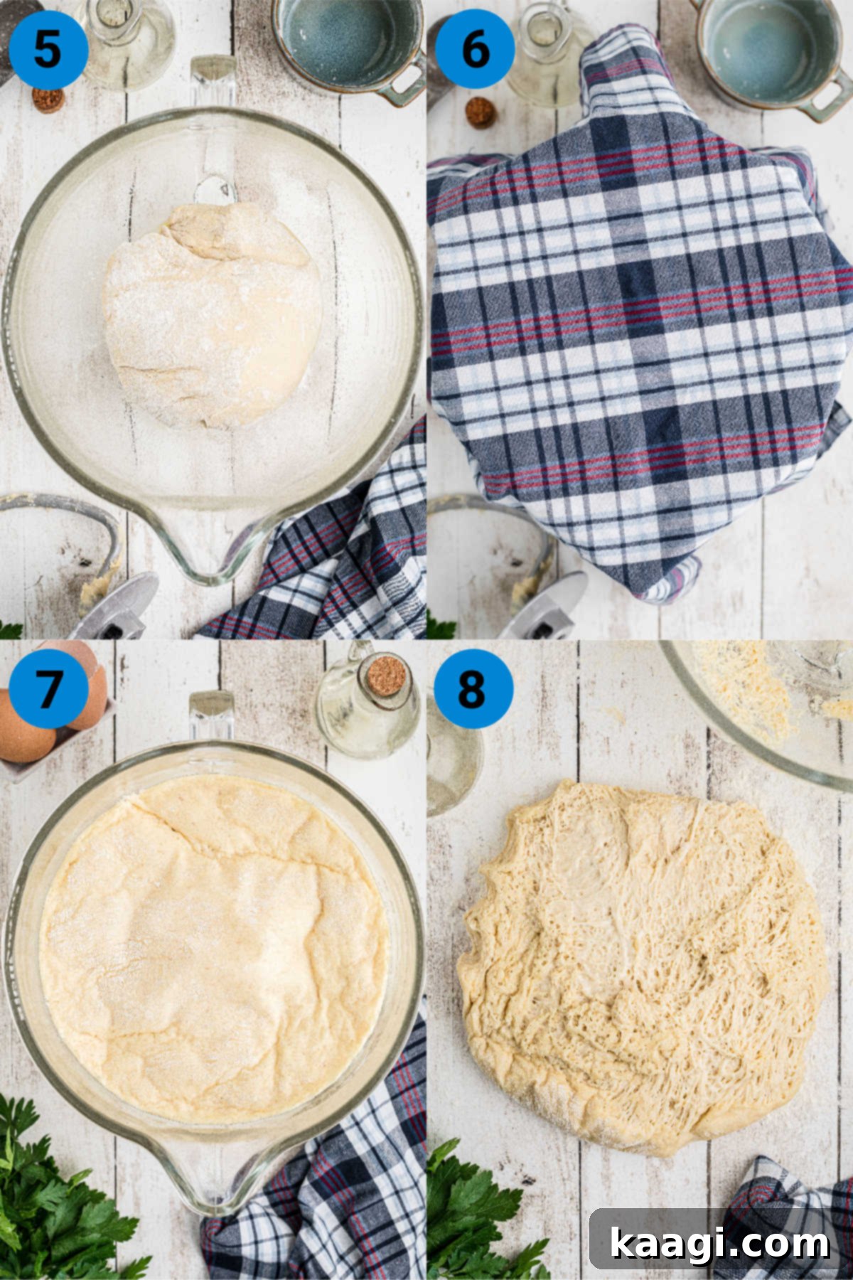 Melt-in-Your-Mouth Garlic Butter Buns 5 A four-image collage showing the dough rising process for garlic butter dinner rolls: greased bowl, covered dough, doubled dough, and dough on floured surface.