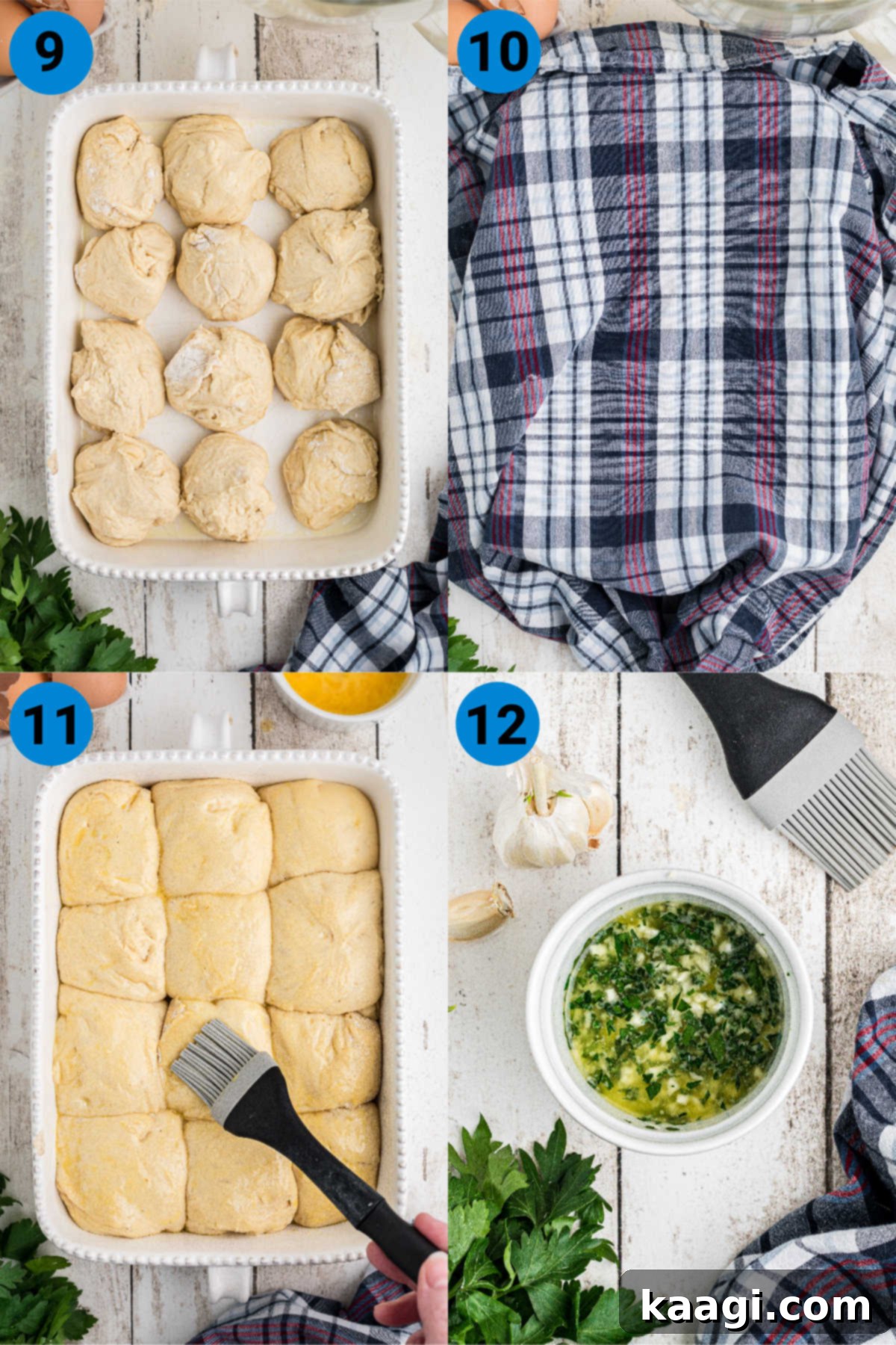 Melt-in-Your-Mouth Garlic Butter Buns 6 A four-image collage showing the shaping and final preparation of garlic butter dinner rolls: dividing dough, second rise, egg wash, and mixing garlic butter.