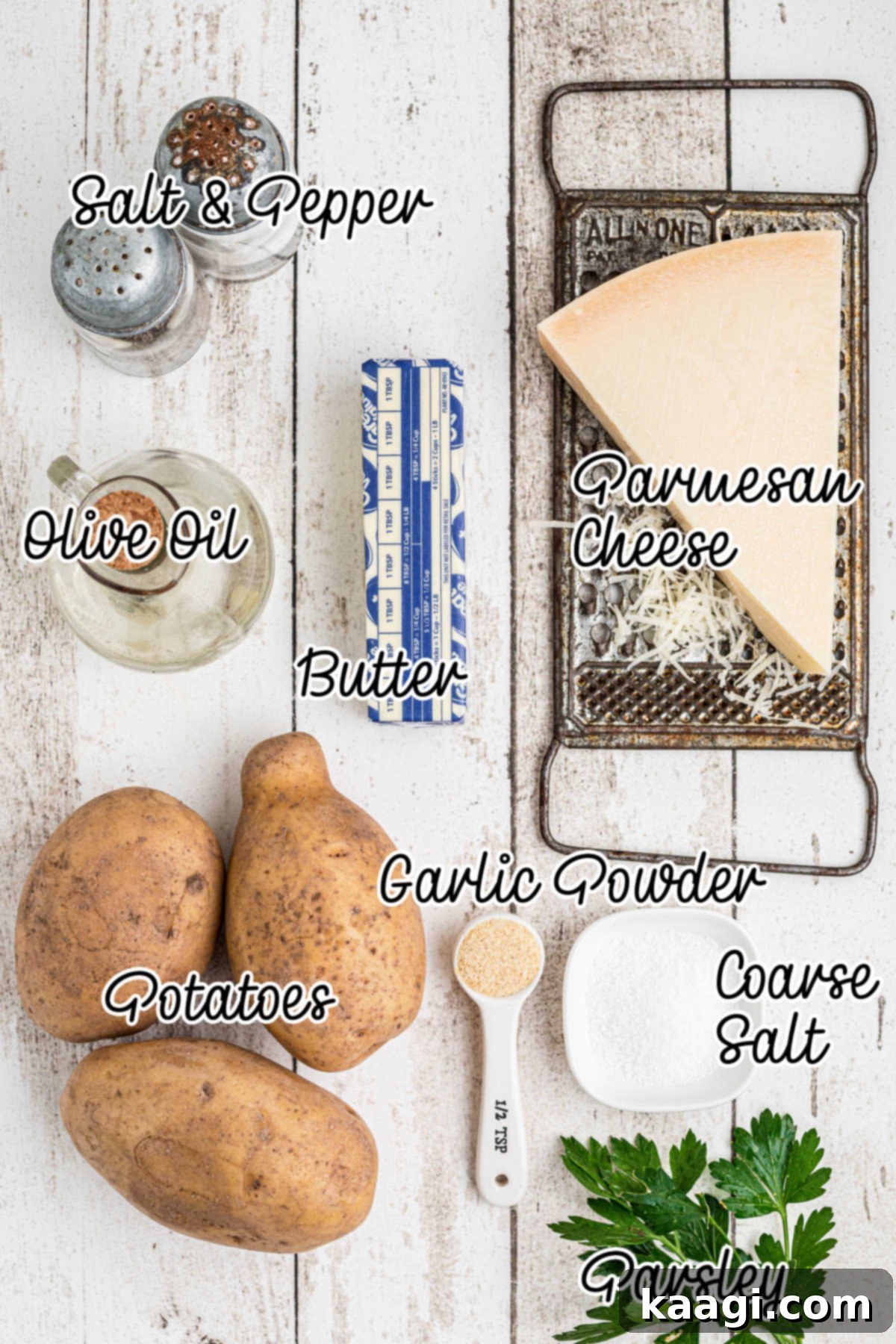 Perfectly Tender Slow Cooker Roast Potatoes 3 Ingredients laid out, perfectly portioned and ready for making slow cooker roast potatoes.