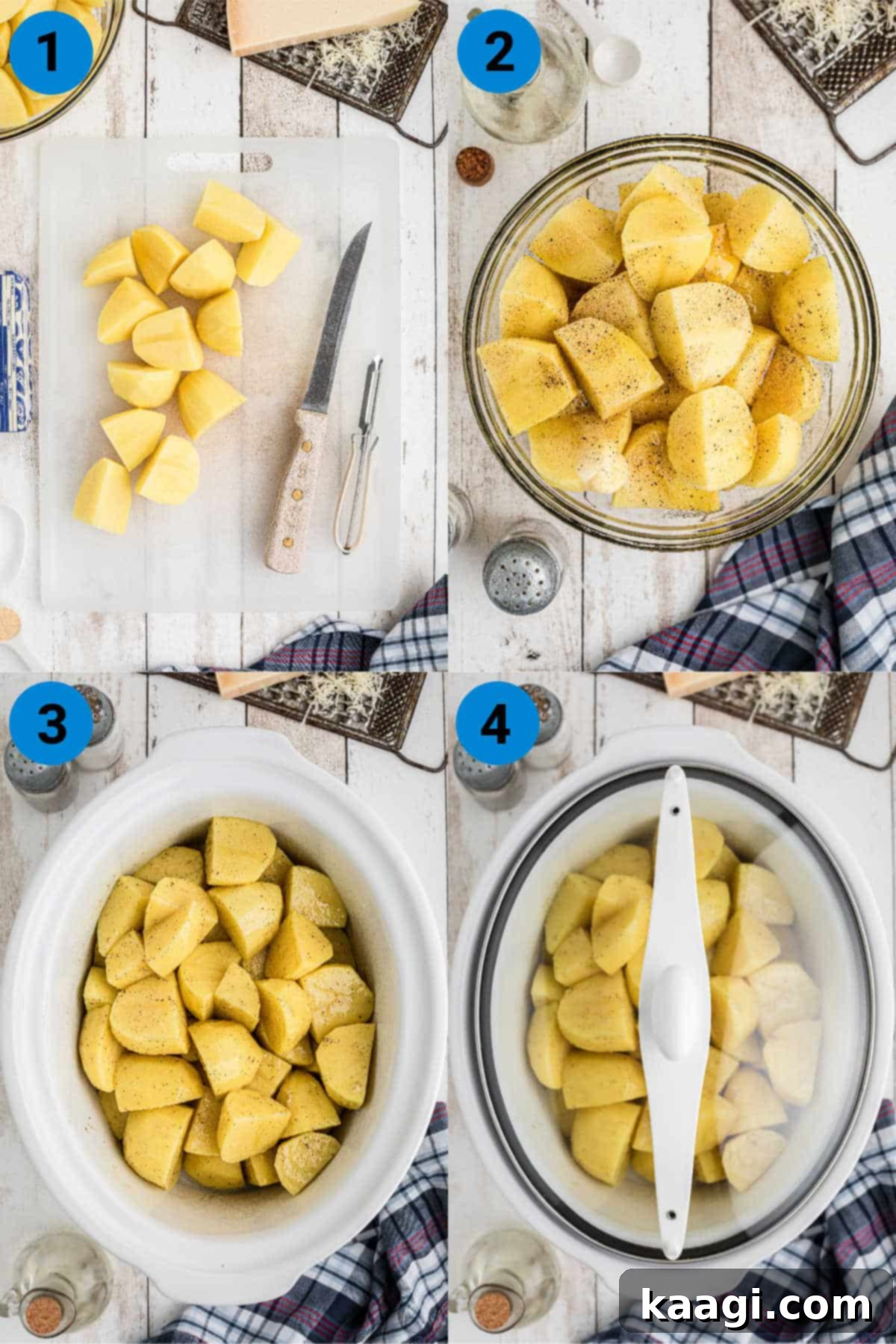 Perfectly Tender Slow Cooker Roast Potatoes 4 A collage of four images demonstrating the easy steps to make slow cooker roast potatoes.