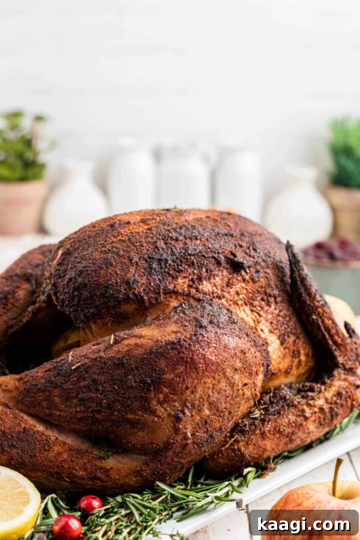A perfectly roasted Thanksgiving turkey, golden brown and glistening, suggesting it has been brined in a Cajun Turkey Brine.