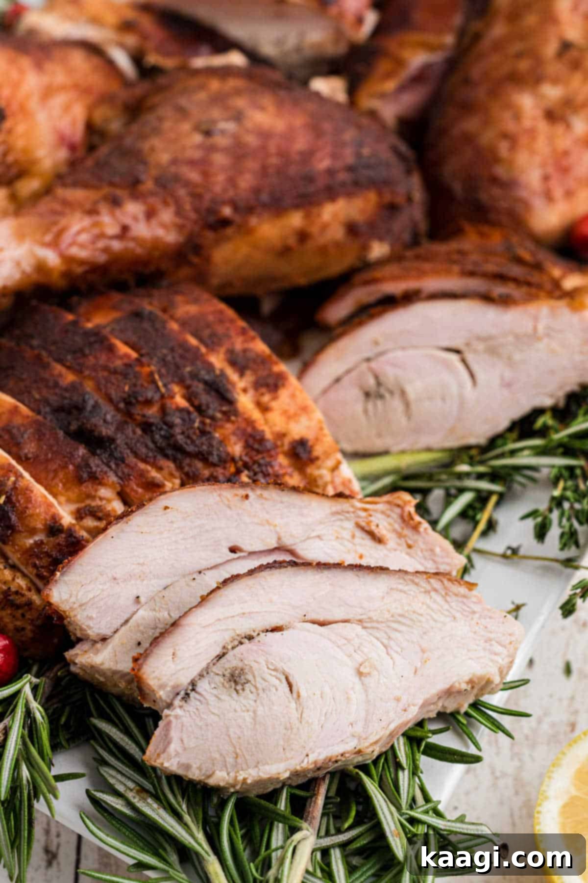 Sliced turkey that has been cooked using a smoked turkey rub recipe, showing juicy meat.