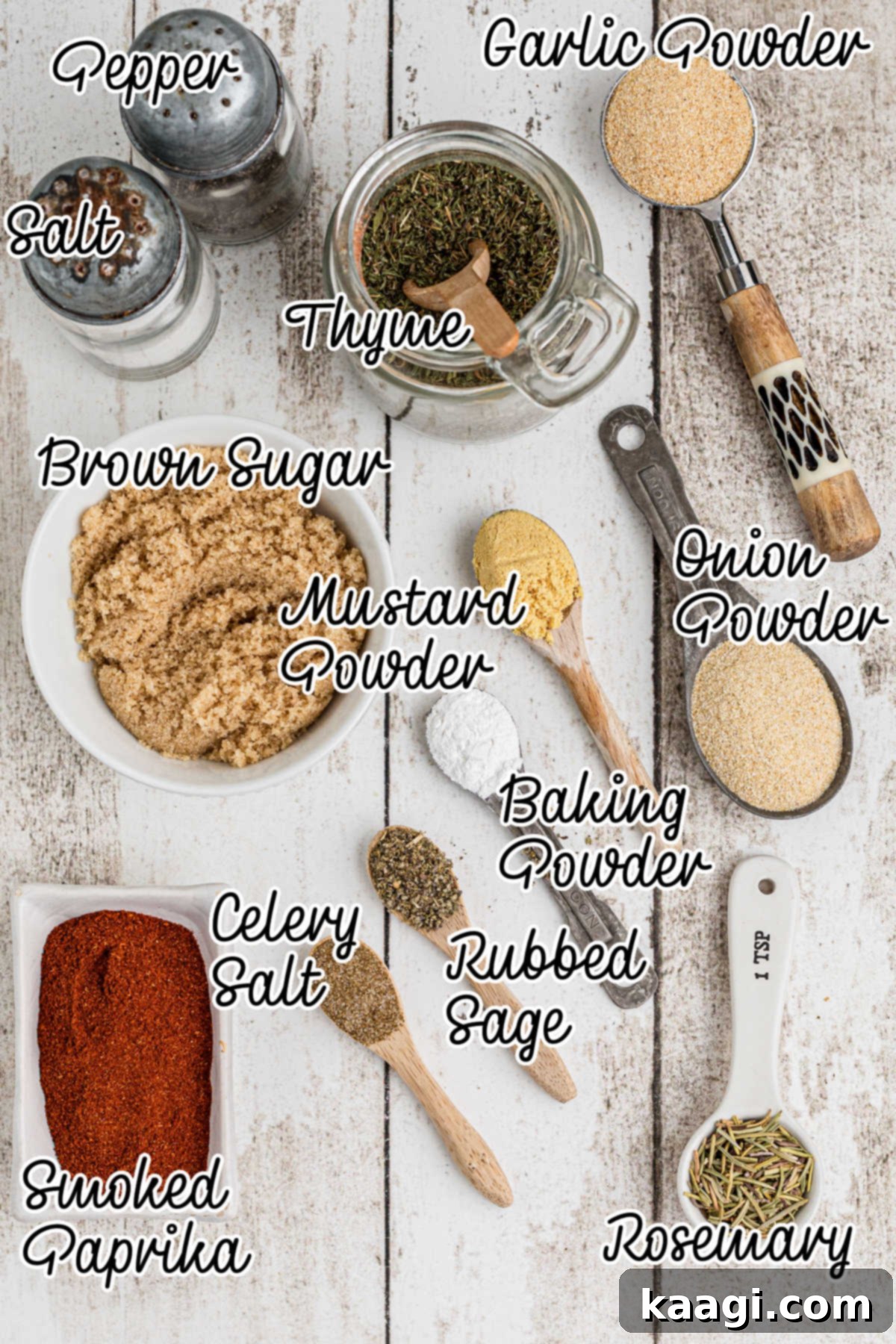 Ingredients needed to make a smoked turkey rub recipe, with text overlay.