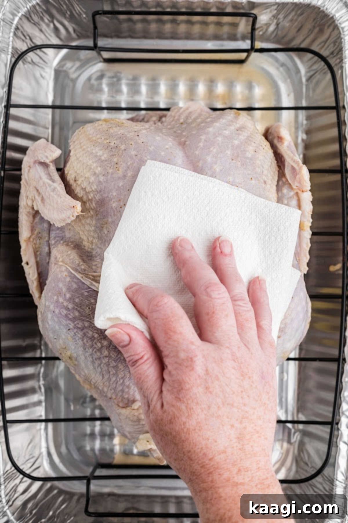 A hand patting a turkey dry with a paper towel.