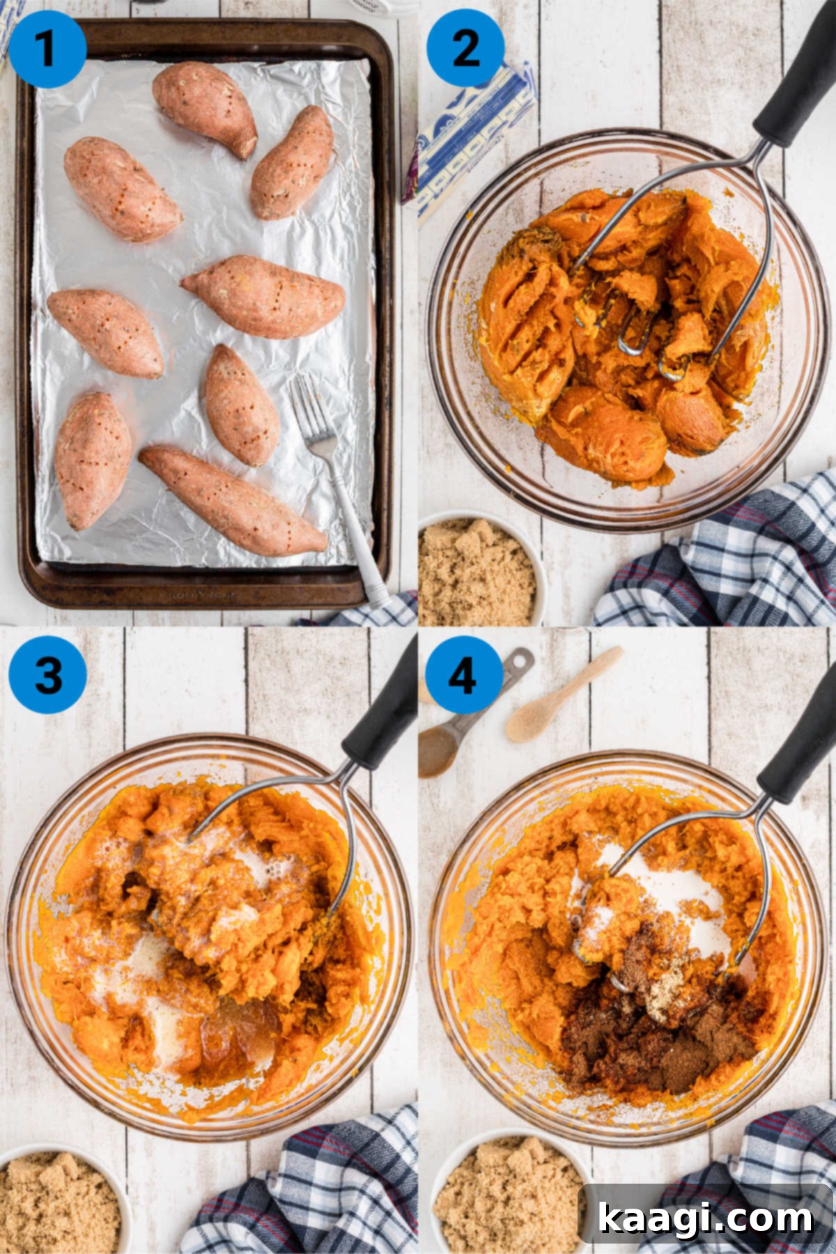 A visual collage showing the first four steps of making sweet potato fluff: baking potatoes, mashing, adding butter, and mixing with spices.
