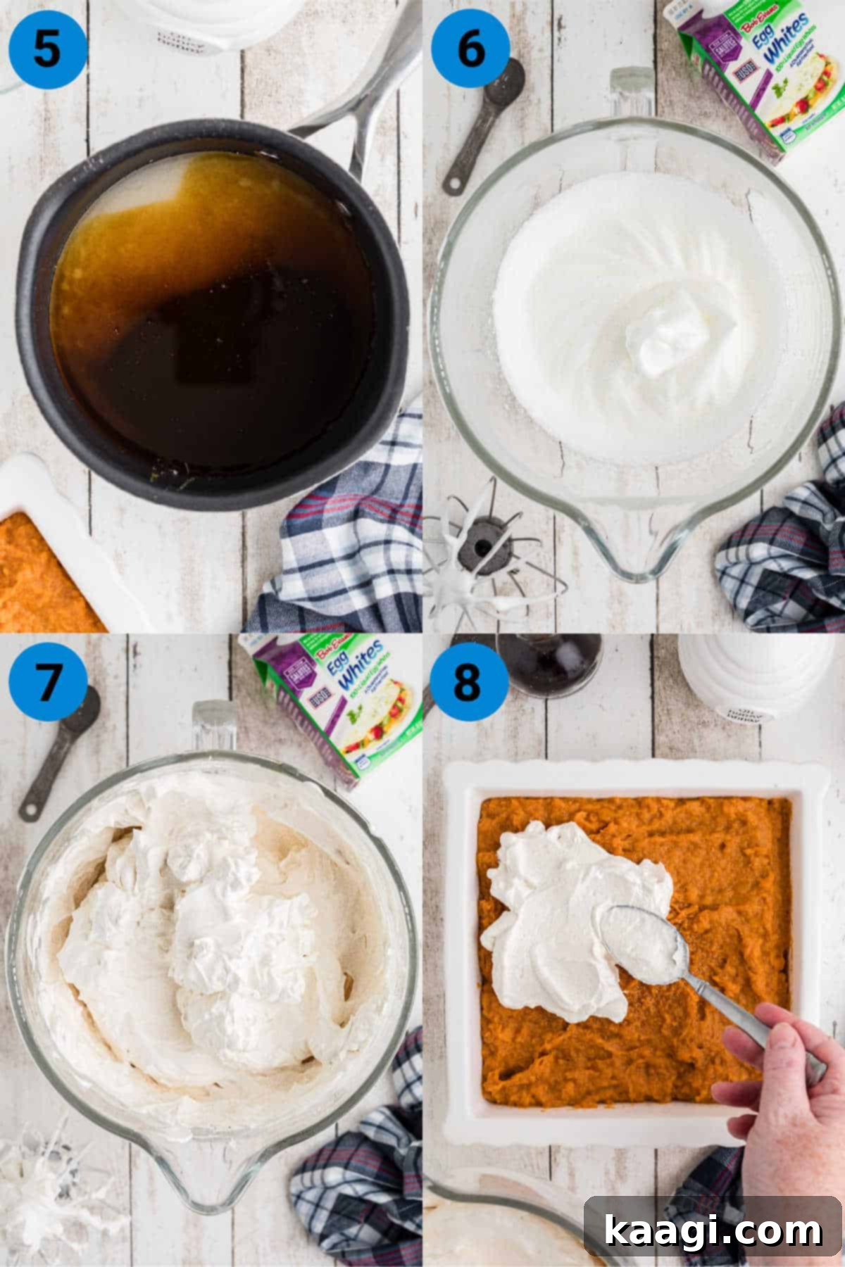 A visual collage illustrating steps 5-8 of the sweet potato fluff recipe: preparing syrup, whipping egg whites, combining, and topping the sweet potatoes.