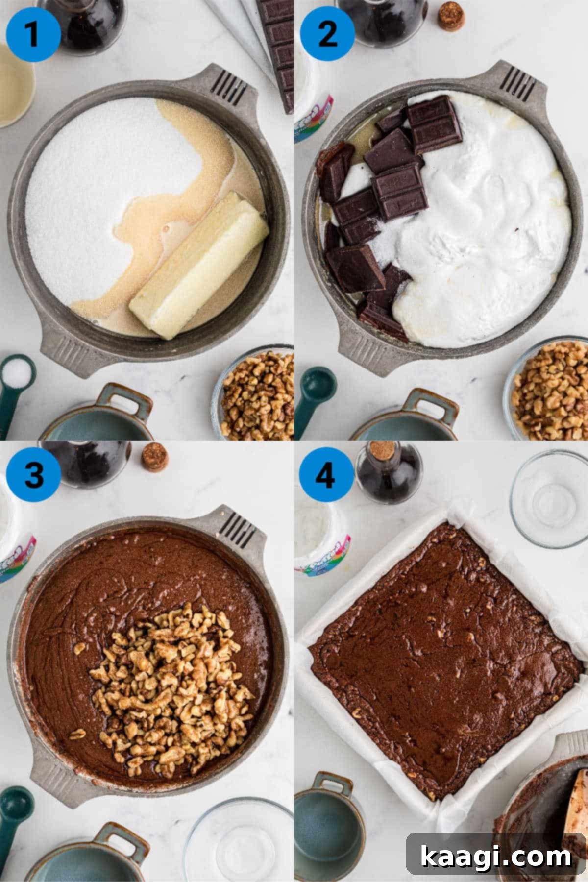 A vibrant collage of four sequential images demonstrating the process of making easy Amish Fudge, from combining ingredients to stirring in chocolate.