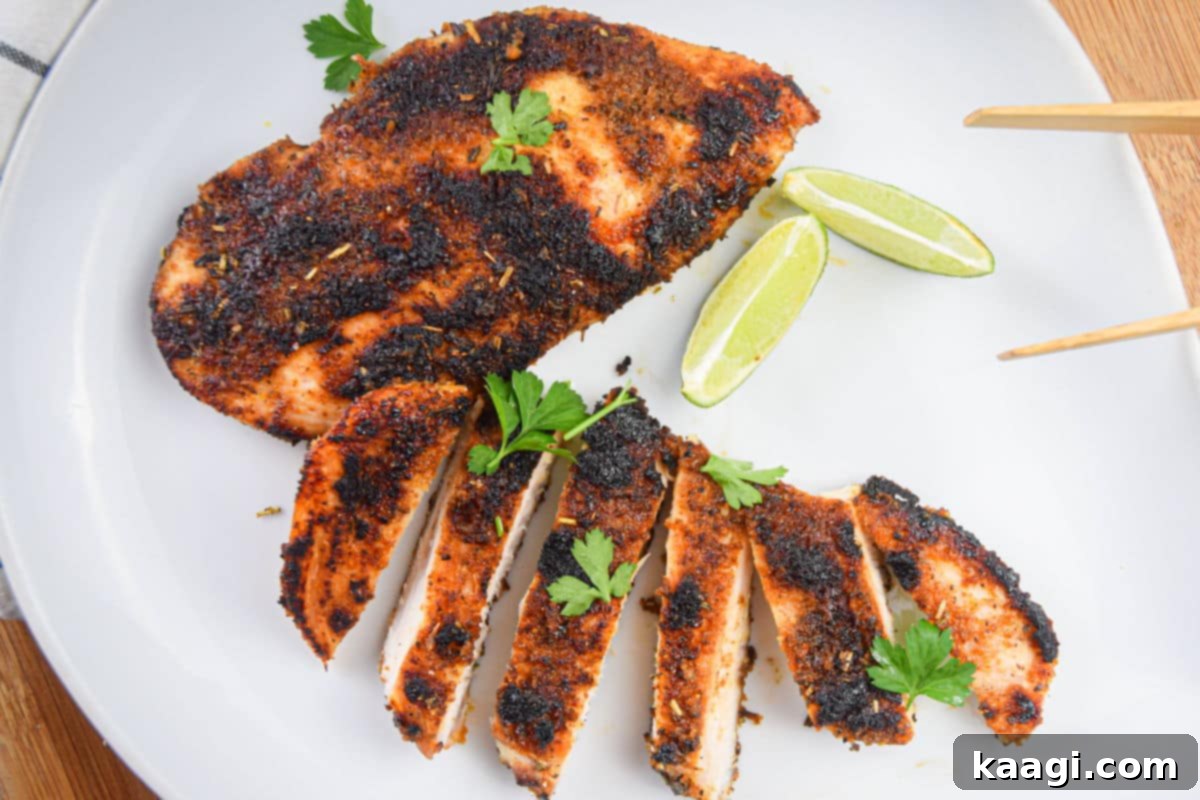 Southern Skillet Classics 16 A perfectly seared and seasoned blackened chicken breast, showcasing a dark, spicy crust.