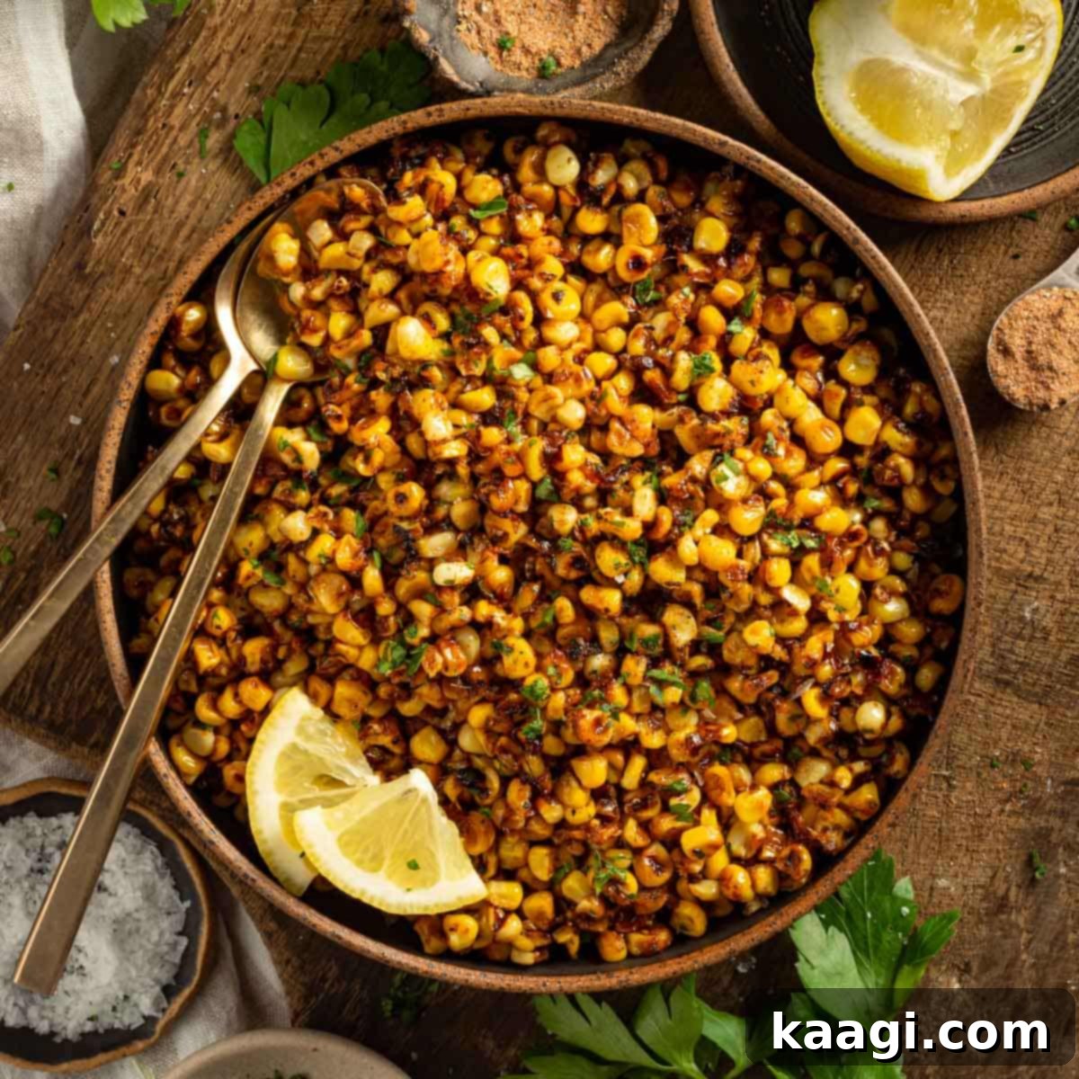 Southern Skillet Classics 35 Fresh corn charred in a hot cast iron skillet, tossed with smoky, spicy seasonings and fresh herbs.