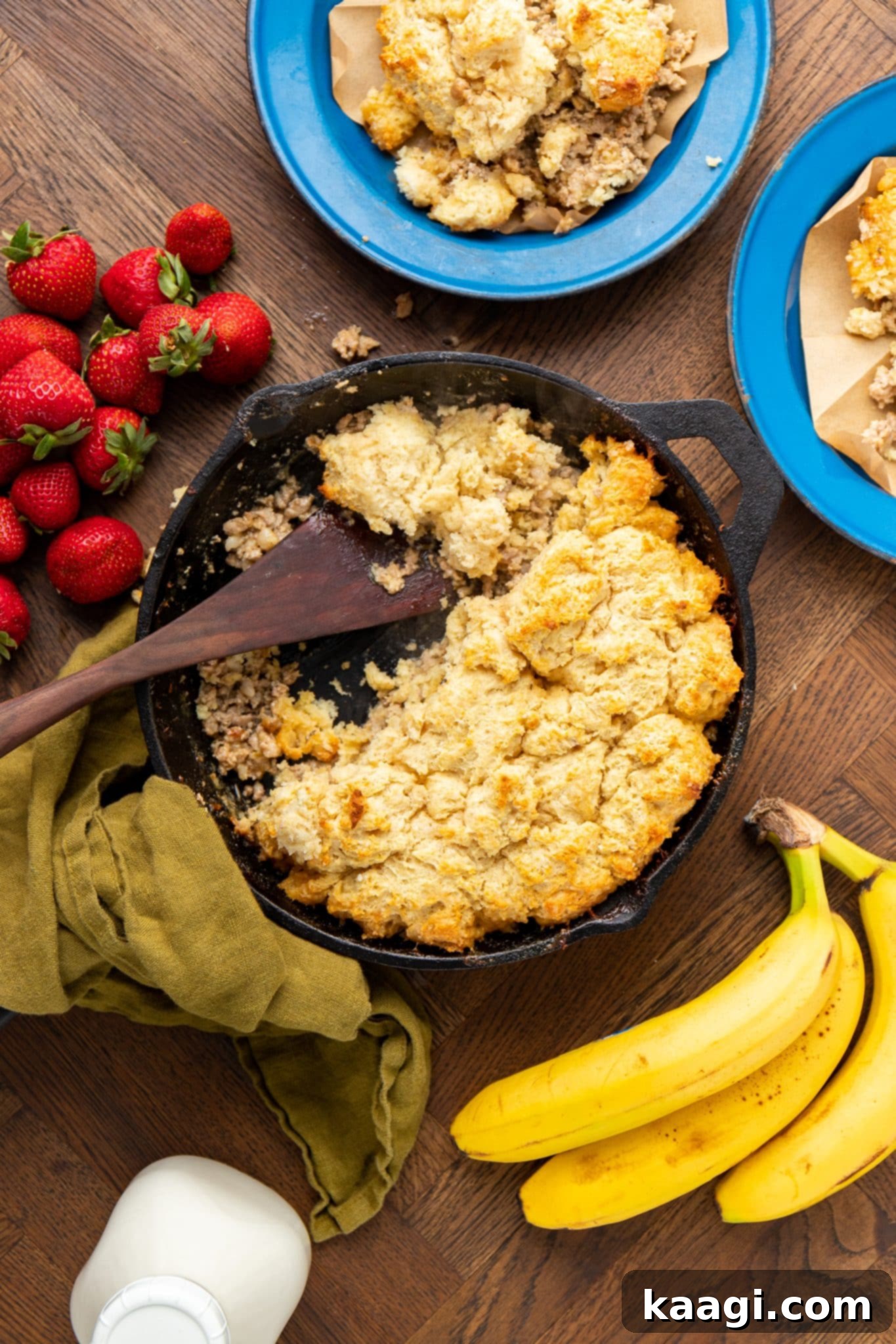 Southern Skillet Classics 22 A comforting one-skillet Sausage Gravy and Drop Biscuit Casserole, served family-style directly from the cast iron.
