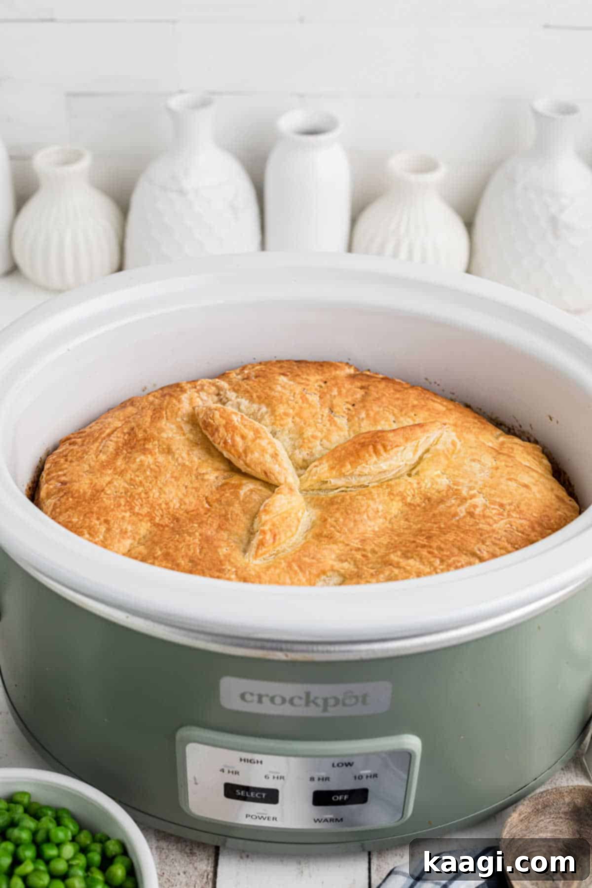 Front view of a crock pot steak pie.
