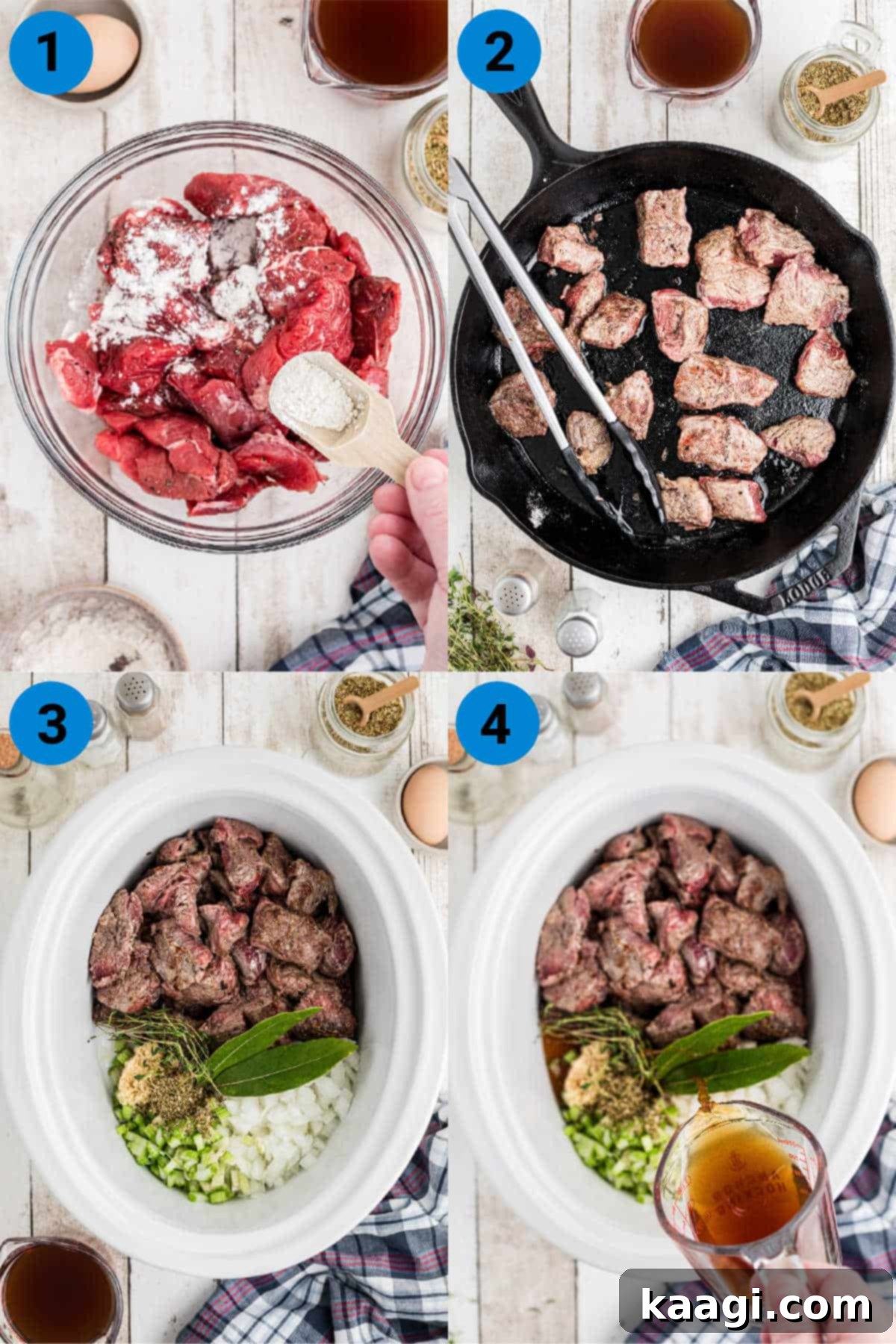 Collage of four images showing how to make a slow cooker steak pie, steps 1-4.