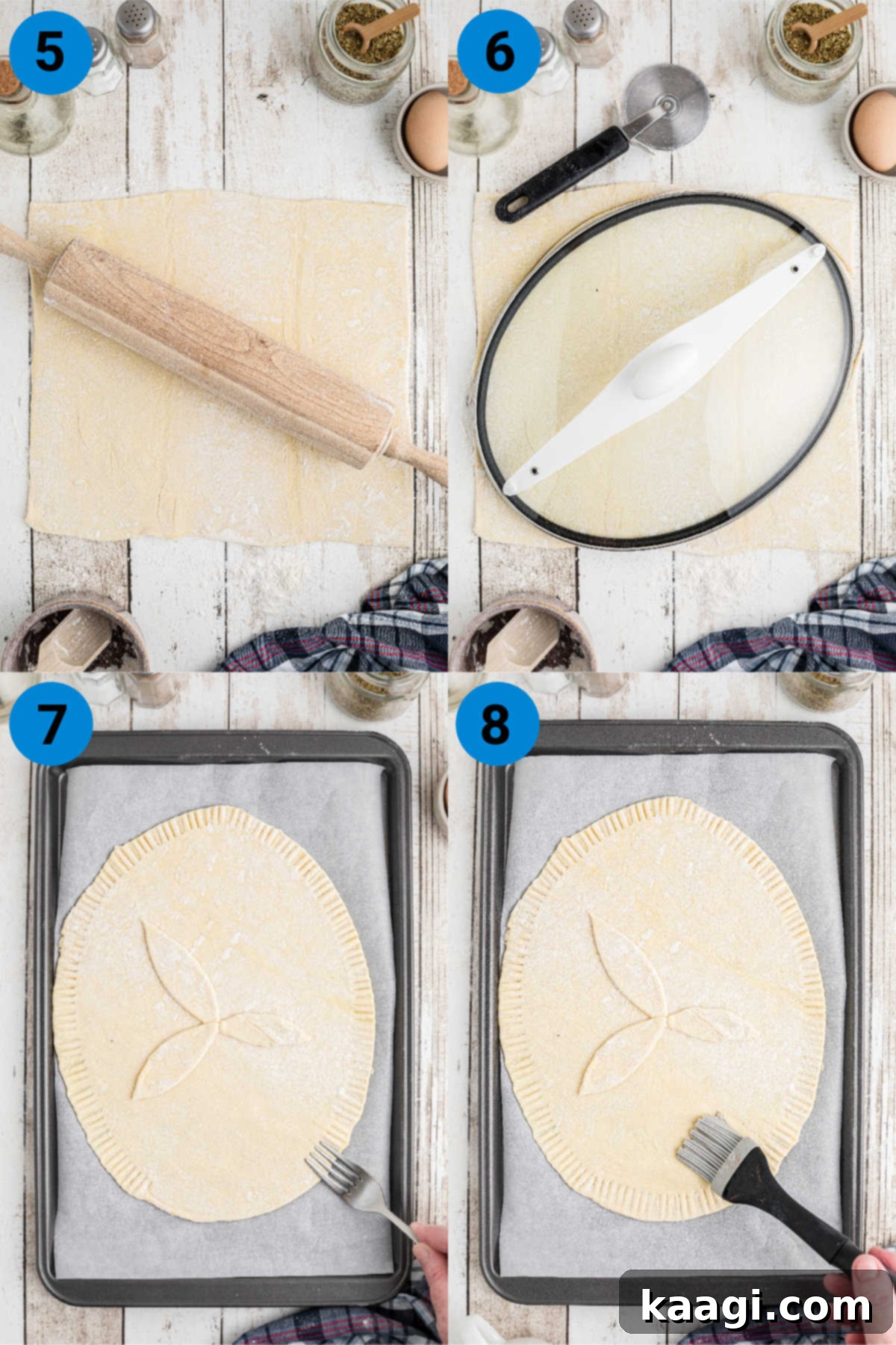 Collage of four images showing how to make a slow cooker steak pie recipe steps 5-8.