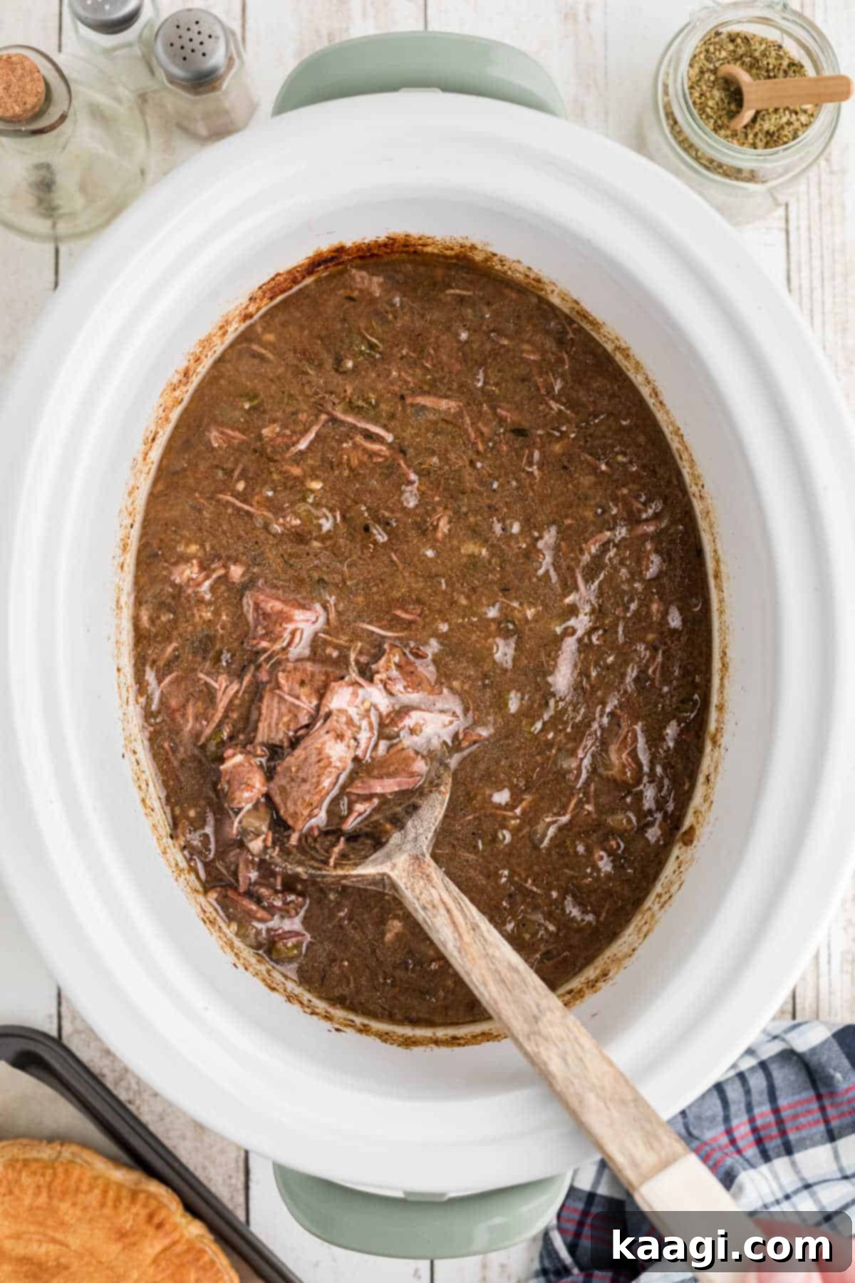 Slow cooker steak pie filling before crust added.