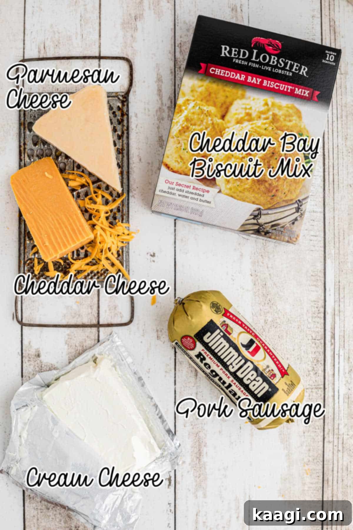 Cheddar Bay Sausage Bites 3 Ingredients needed to make cheddar bay sausage balls, including sausage, cheese, and biscuit mix.