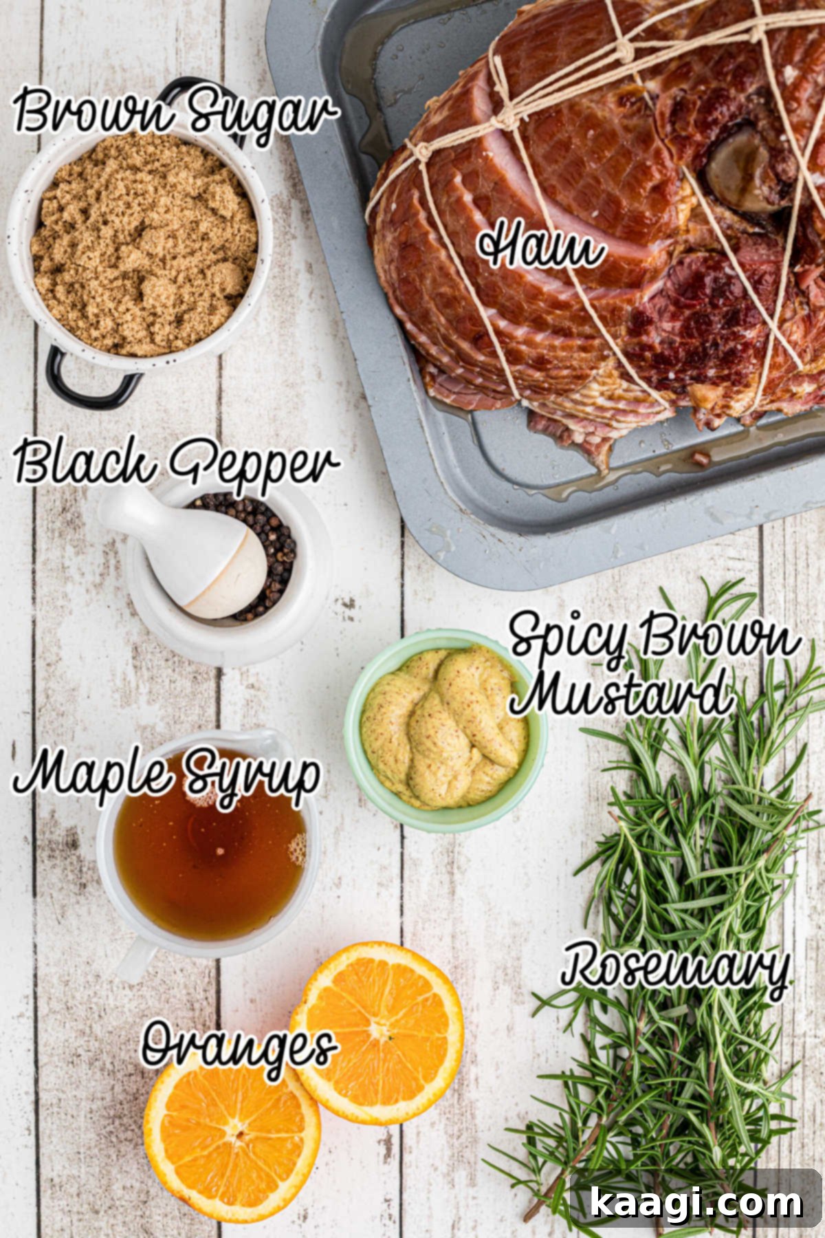 Overhead shot of all ingredients needed to make a Dutch Oven Ham laid out on a table.
