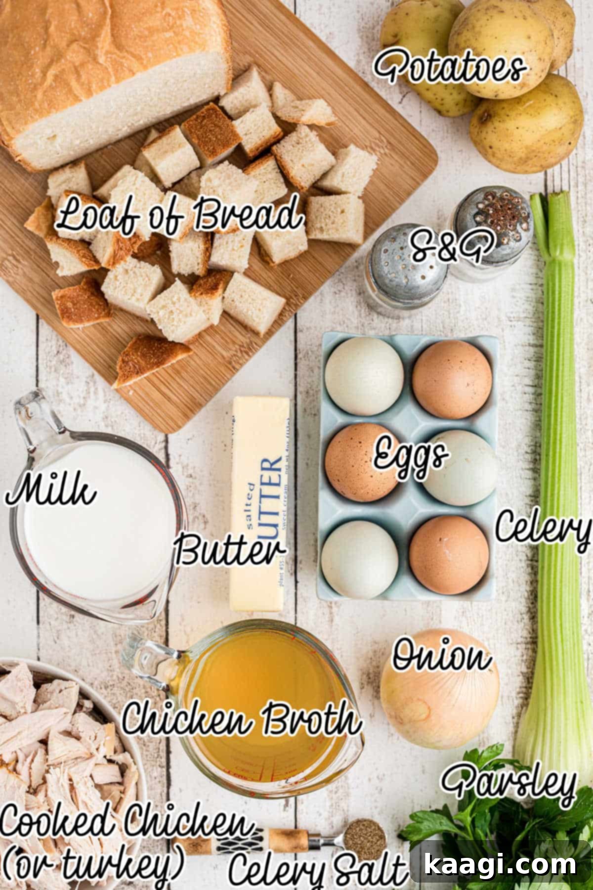 Ingredients needed to make Amish turkey stuffing recipe, with text overlay.