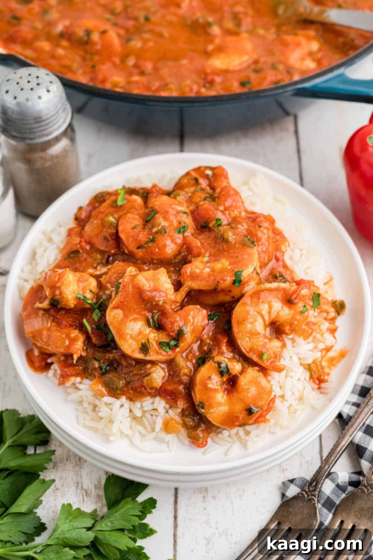 A dished up plate of new orleans style shrimp creole on a bed of rice, perfectly garnished and ready to eat.
