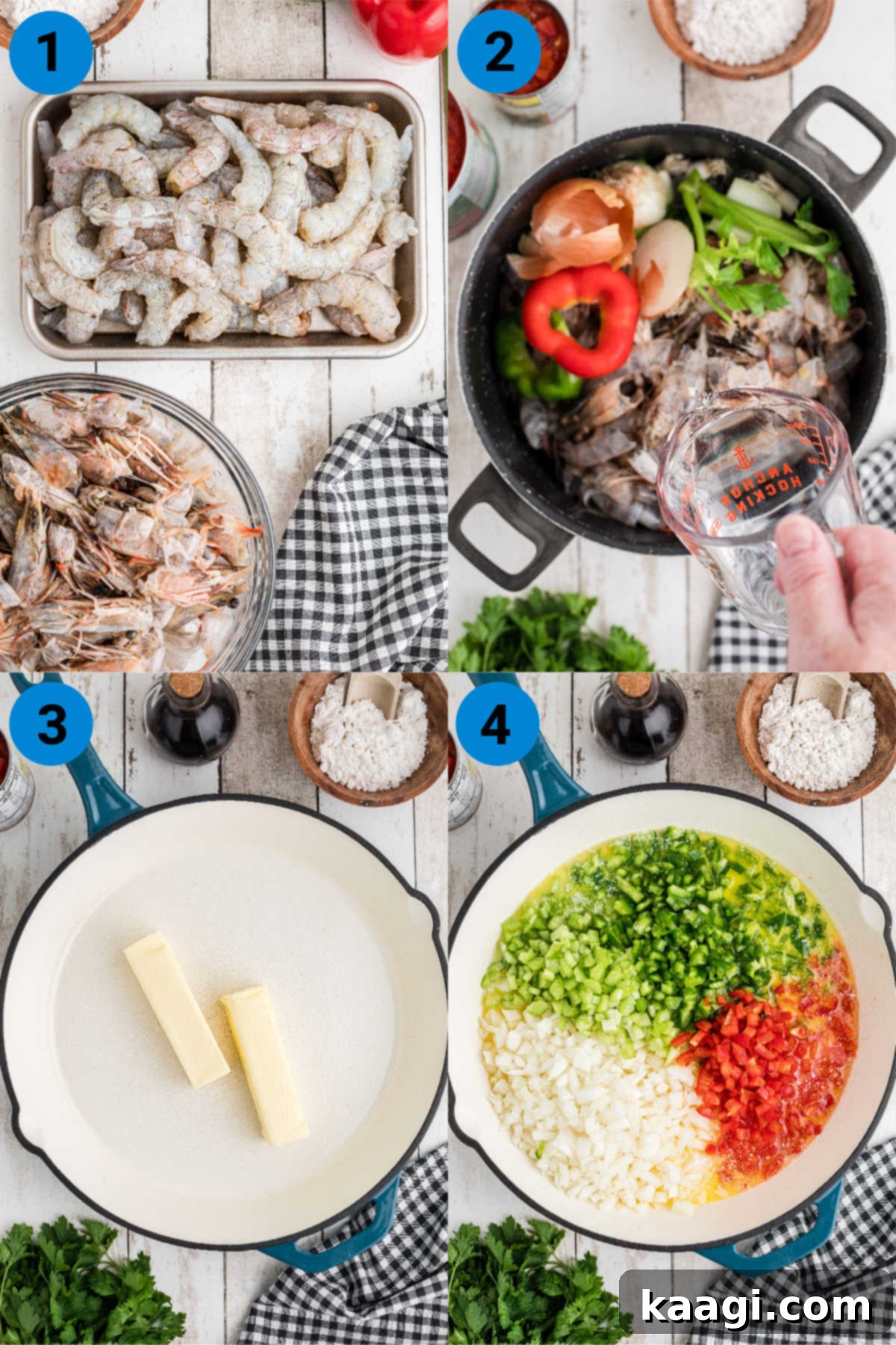 A collage of four images showing the initial steps of preparing New Orleans Shrimp Creole: peeling shrimp, simmering stock, melting butter, and sautéing vegetables.