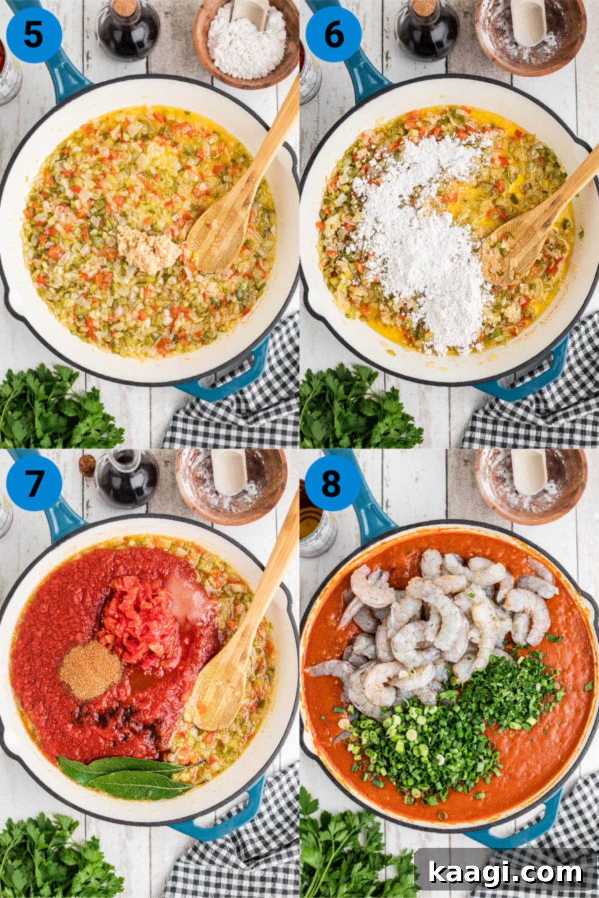 A collage of four images showing the later stages of making New Orleans Shrimp Creole: adding garlic, making a roux, simmering the sauce, and finally adding shrimp and herbs.