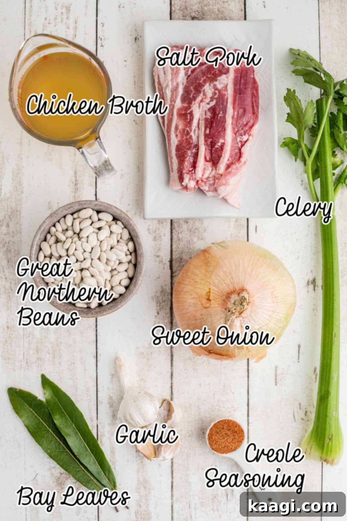 Ingredients needed to make a southern great northern beans recipe, all laid out with text overlay.