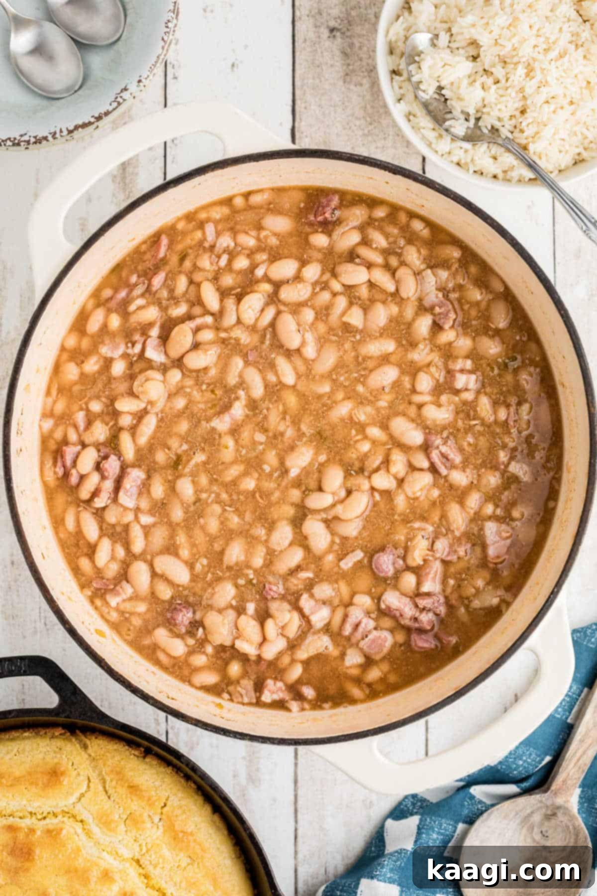 Overhead image of southern great northern beans in a pot.