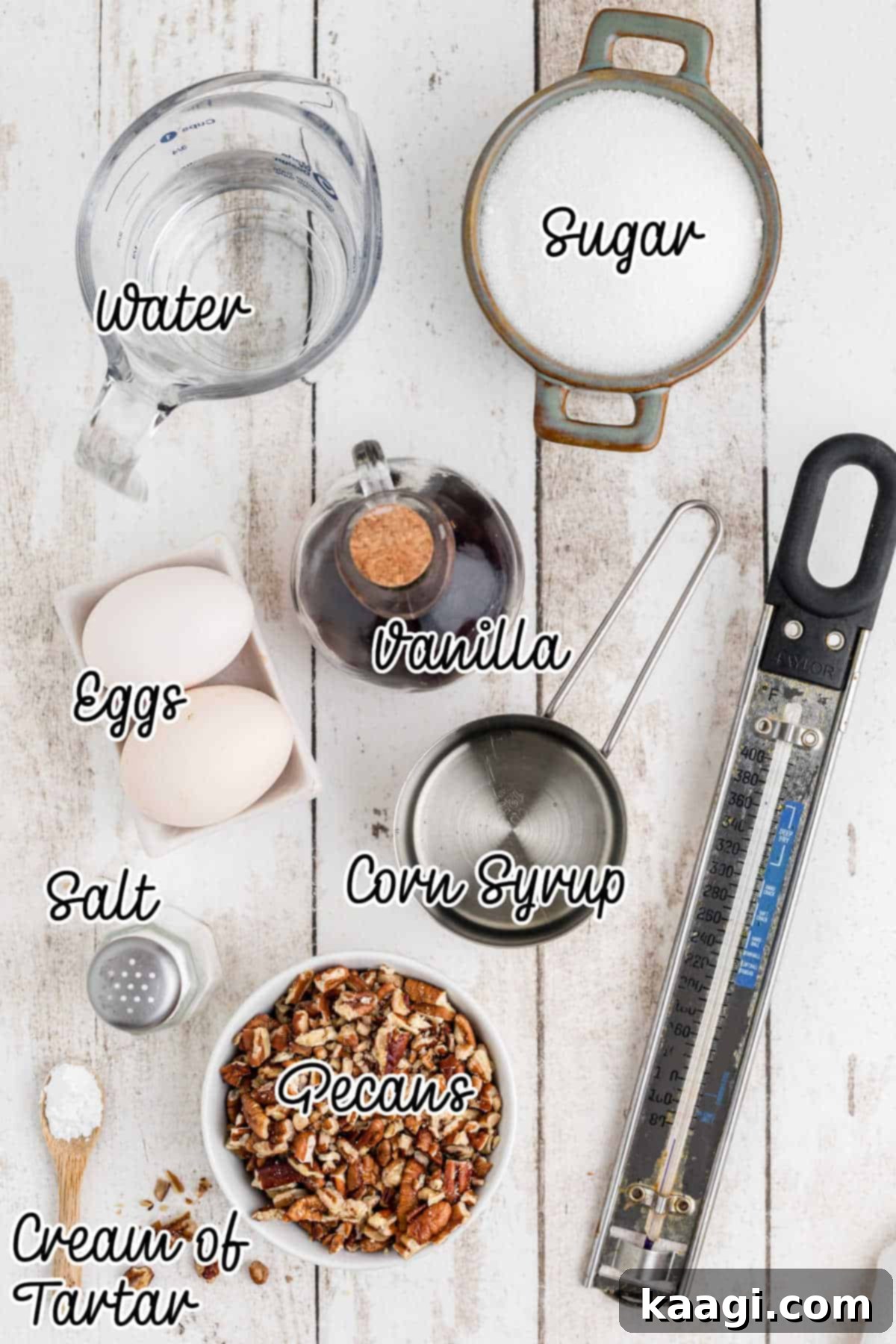 Divine Pecan Clouds 3 Ingredients from overhead that would be needed to make pecan divinity candy.