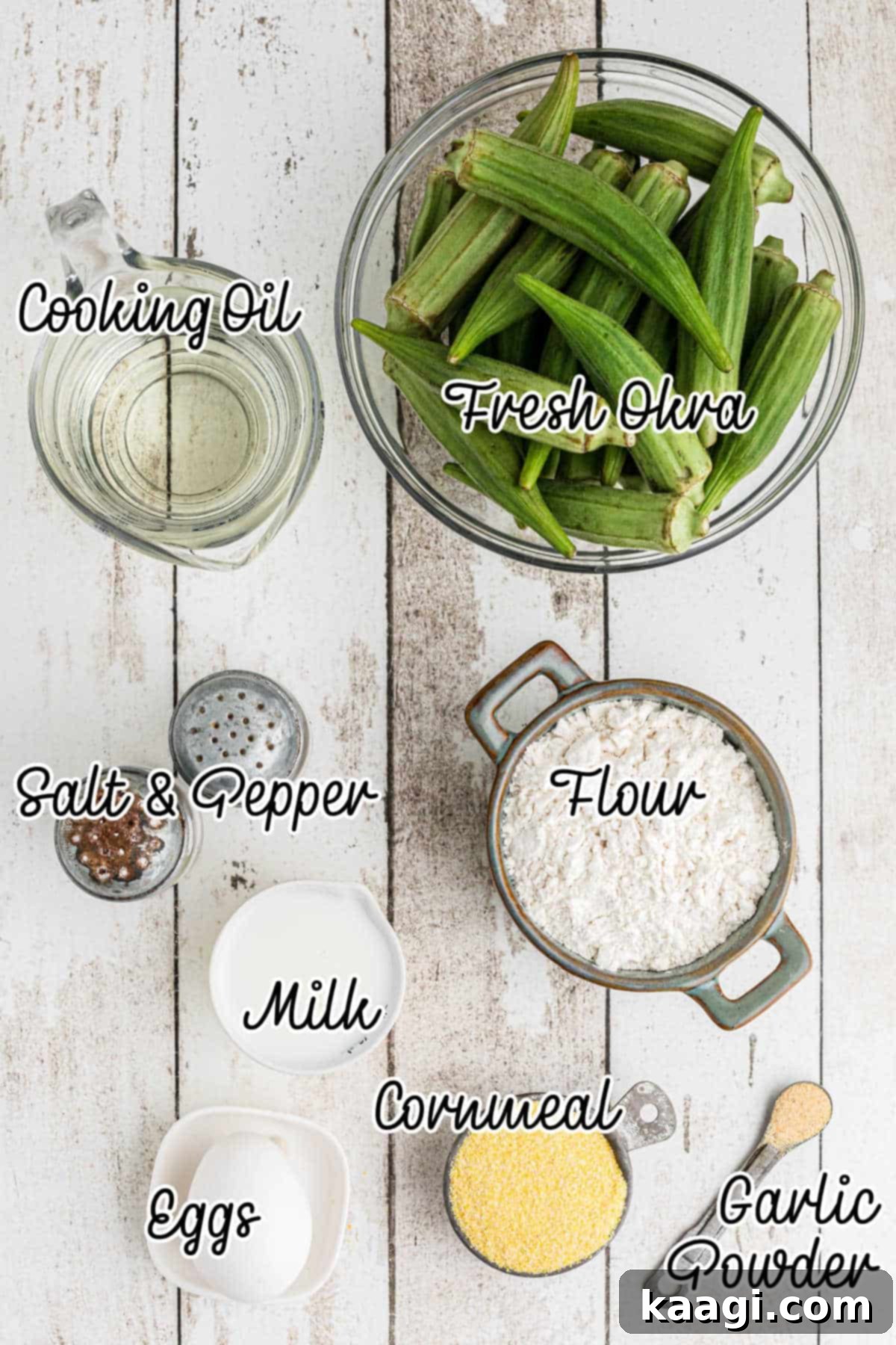 Overhead shot of ingredients needed to make old fashioned pan fried okra.