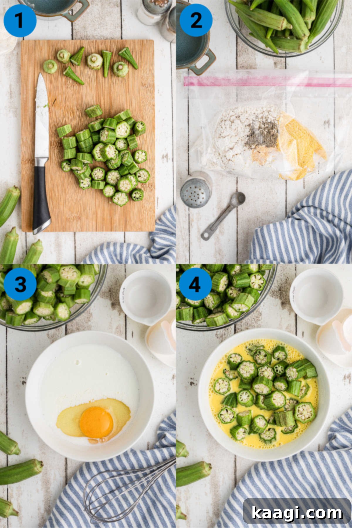 A collage of four images showing how to make old fashioned pan fried okra.