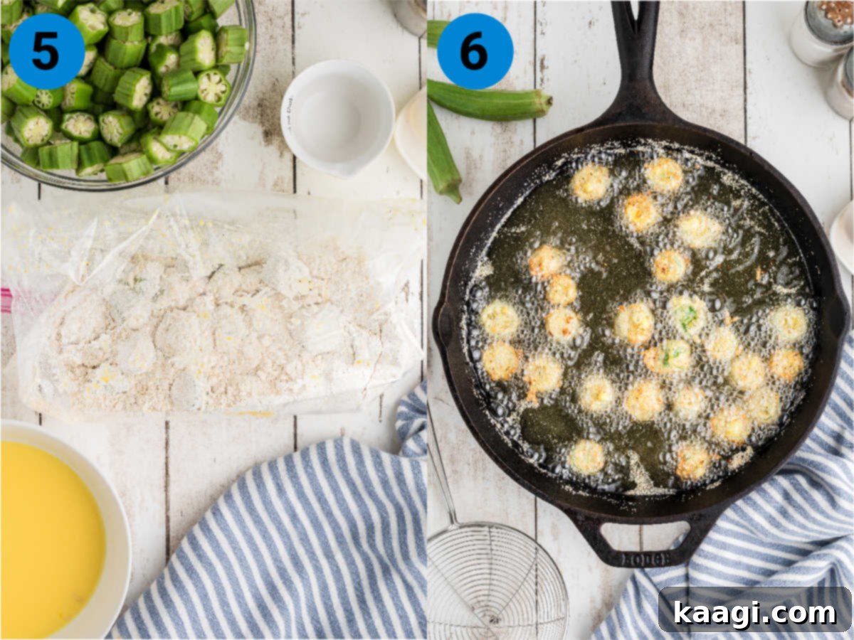 A collage of two images showing how to make pan fried okra.