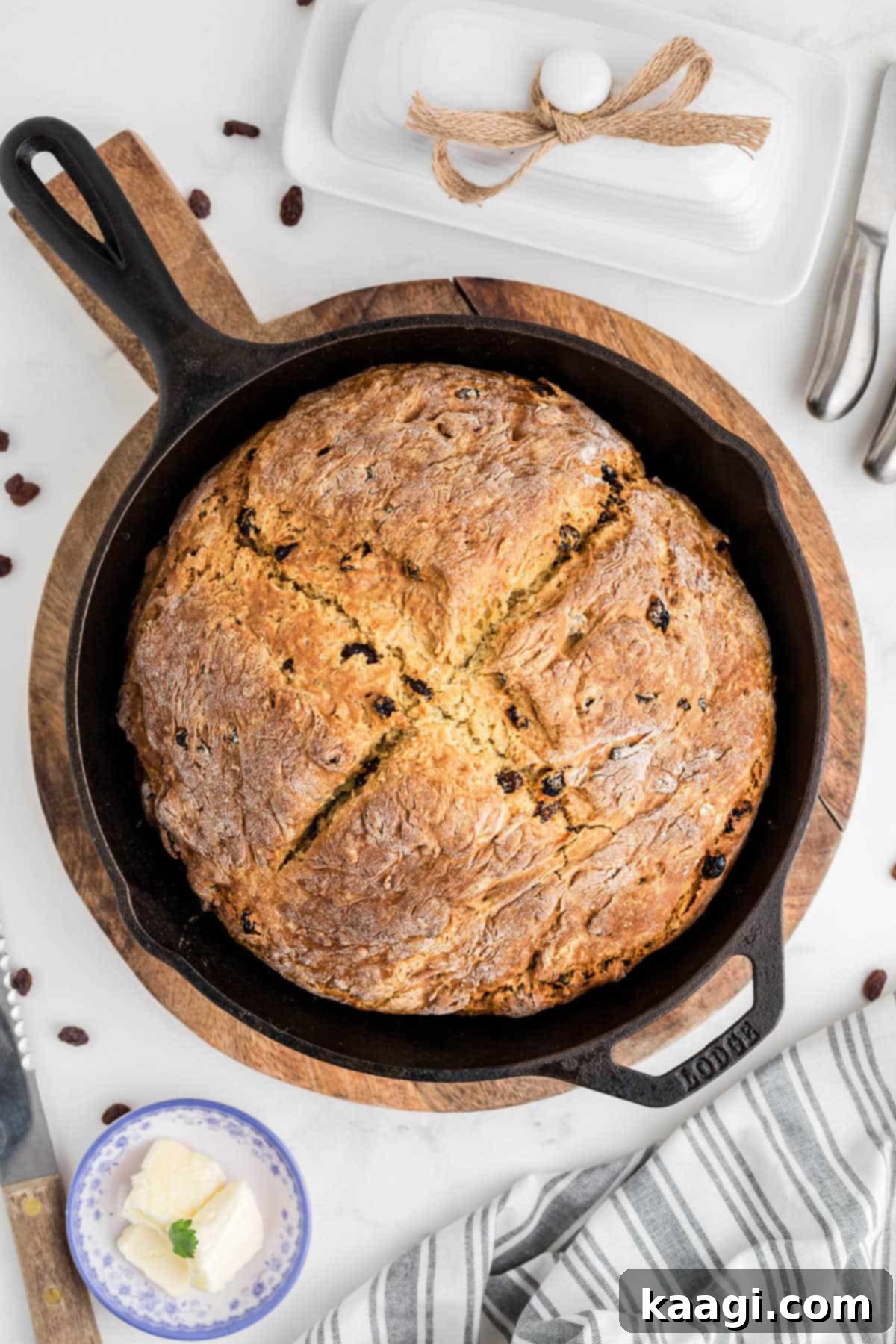 Easy Homemade Irish Soda Bread 2 A skillet with a quick Irish soda bread just cooked, golden brown and inviting.