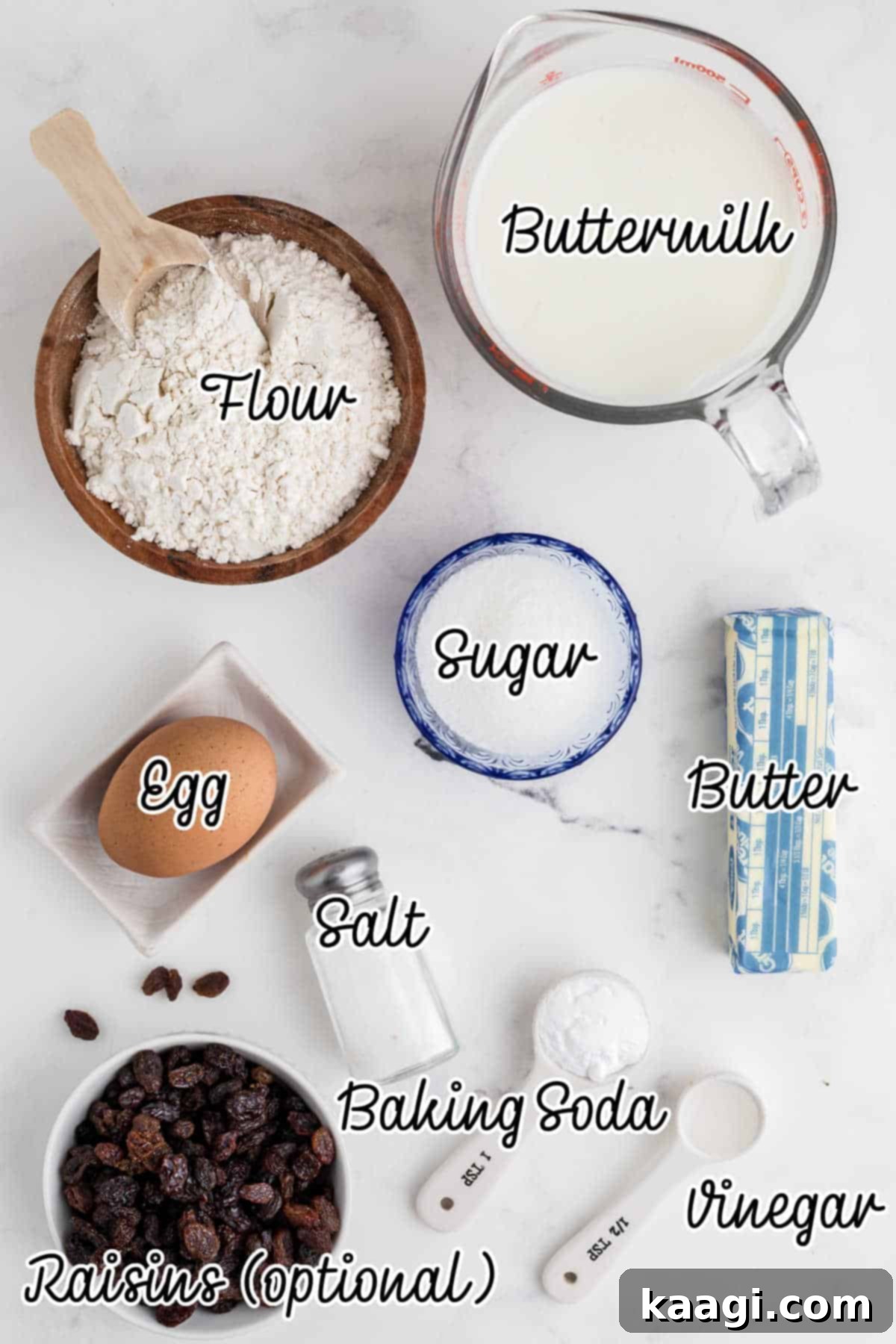 Easy Homemade Irish Soda Bread 3 Overhead shot of ingredients needed to make an Irish Soda Bread, neatly laid out.