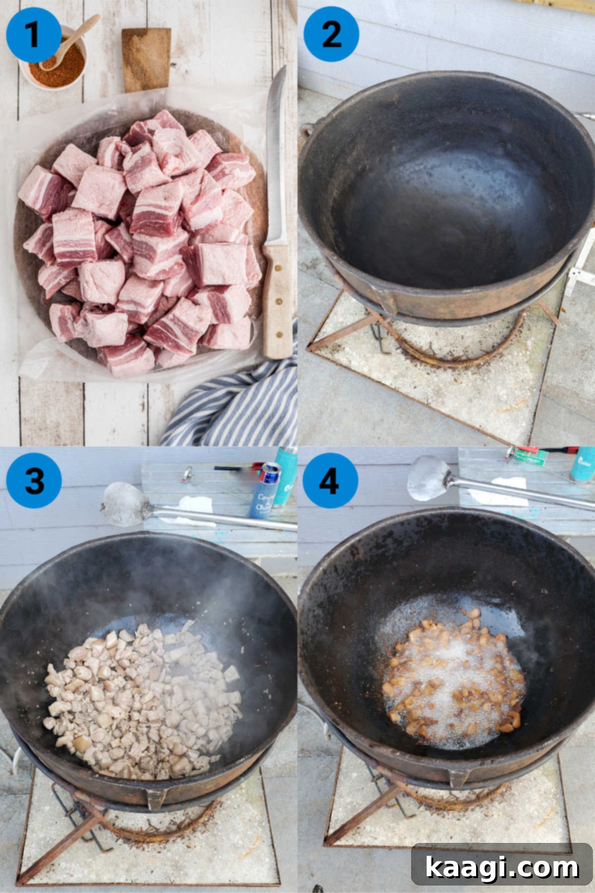 A step-by-step collage showing the initial stages of making homemade pork cracklins, from cutting the pork belly to its first rendering in a cast iron pot.