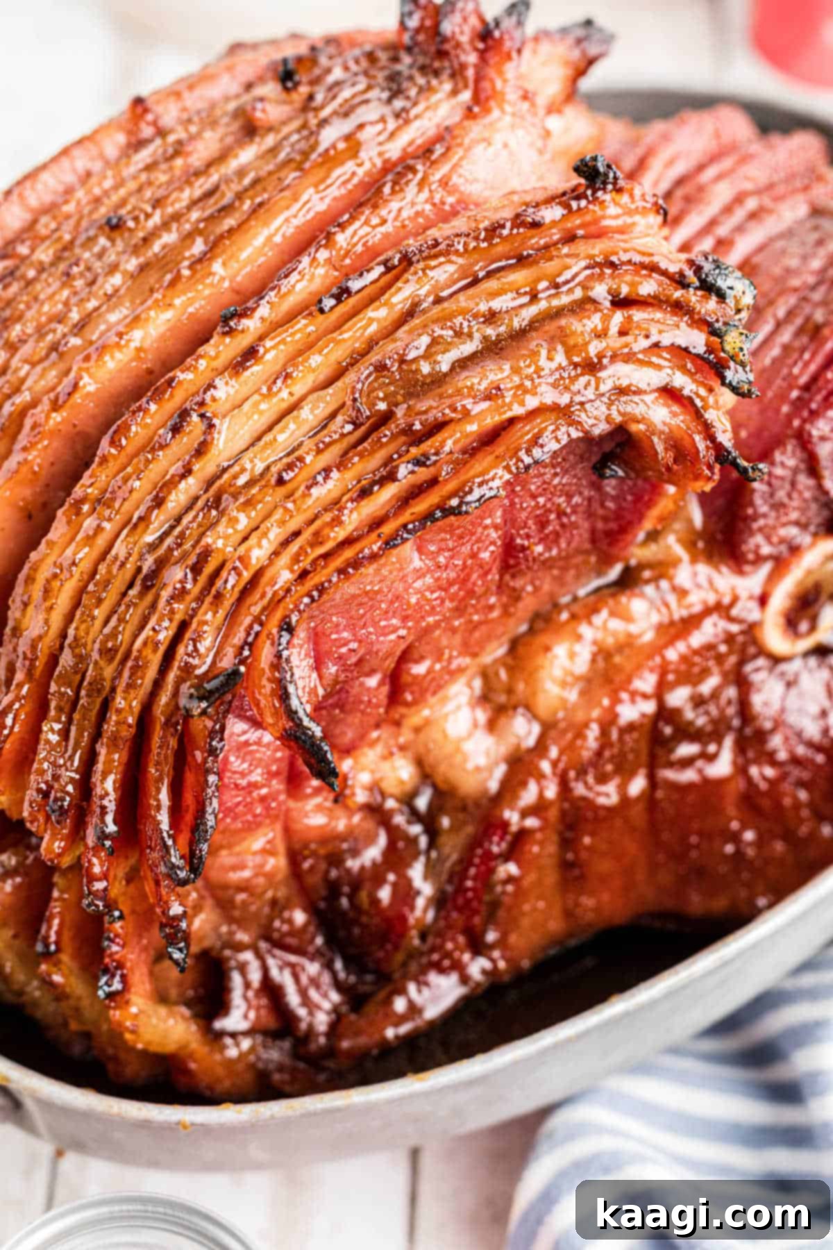 Close up of a southern coca-cola ham recipe, beautifully sliced and ready for serving.