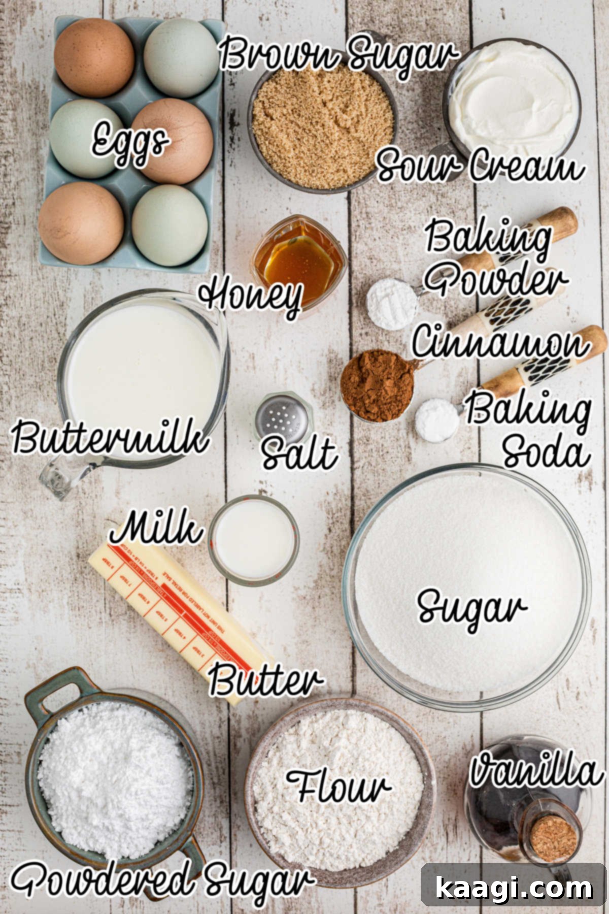 Overhead shot of all the ingredients laid out for making a honey bun cake recipe from scratch.