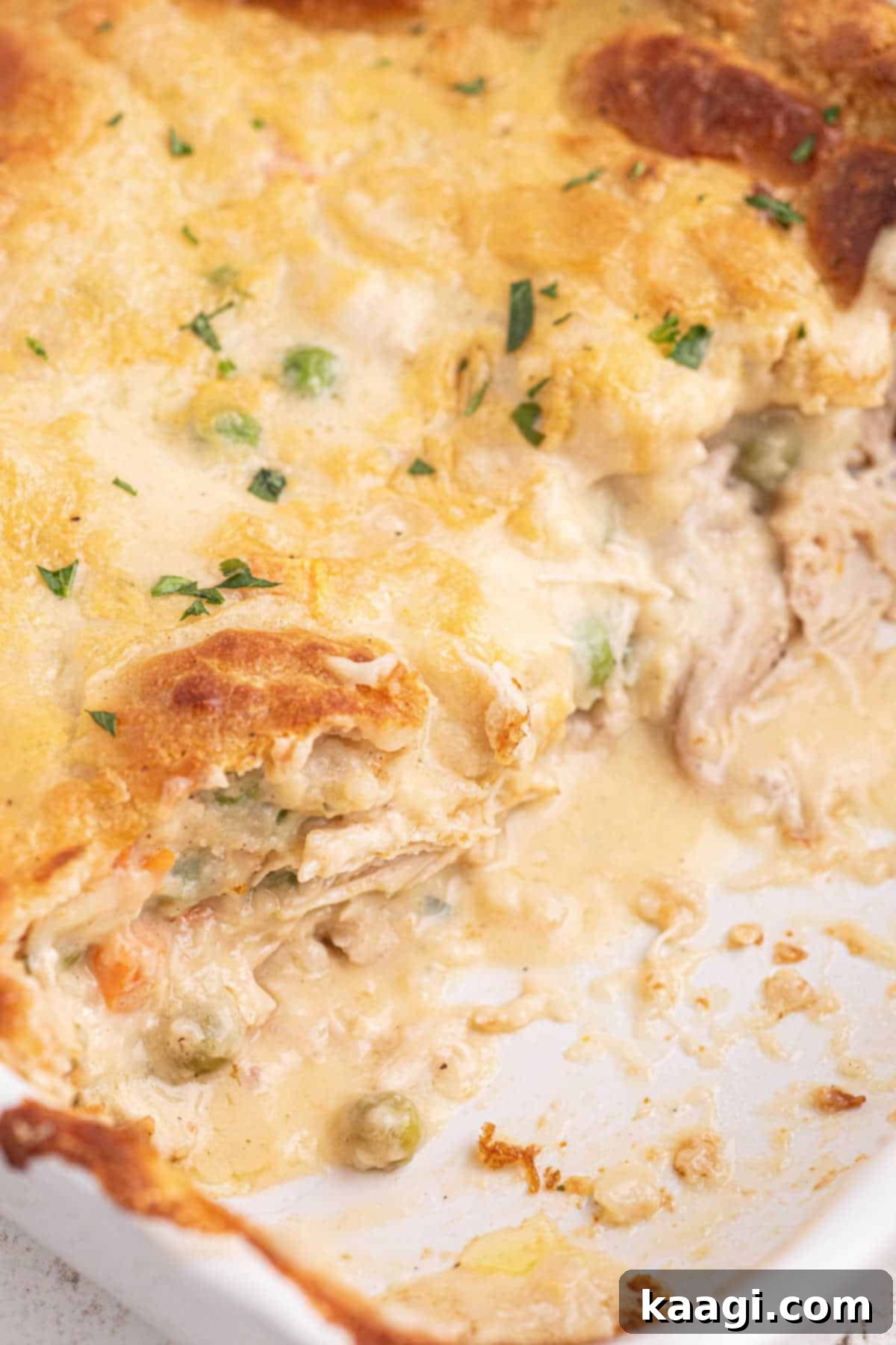 Close up shot of a baking dish with chicken cobbler inside - some has been spooned out already, showing the creamy filling and tender chicken.