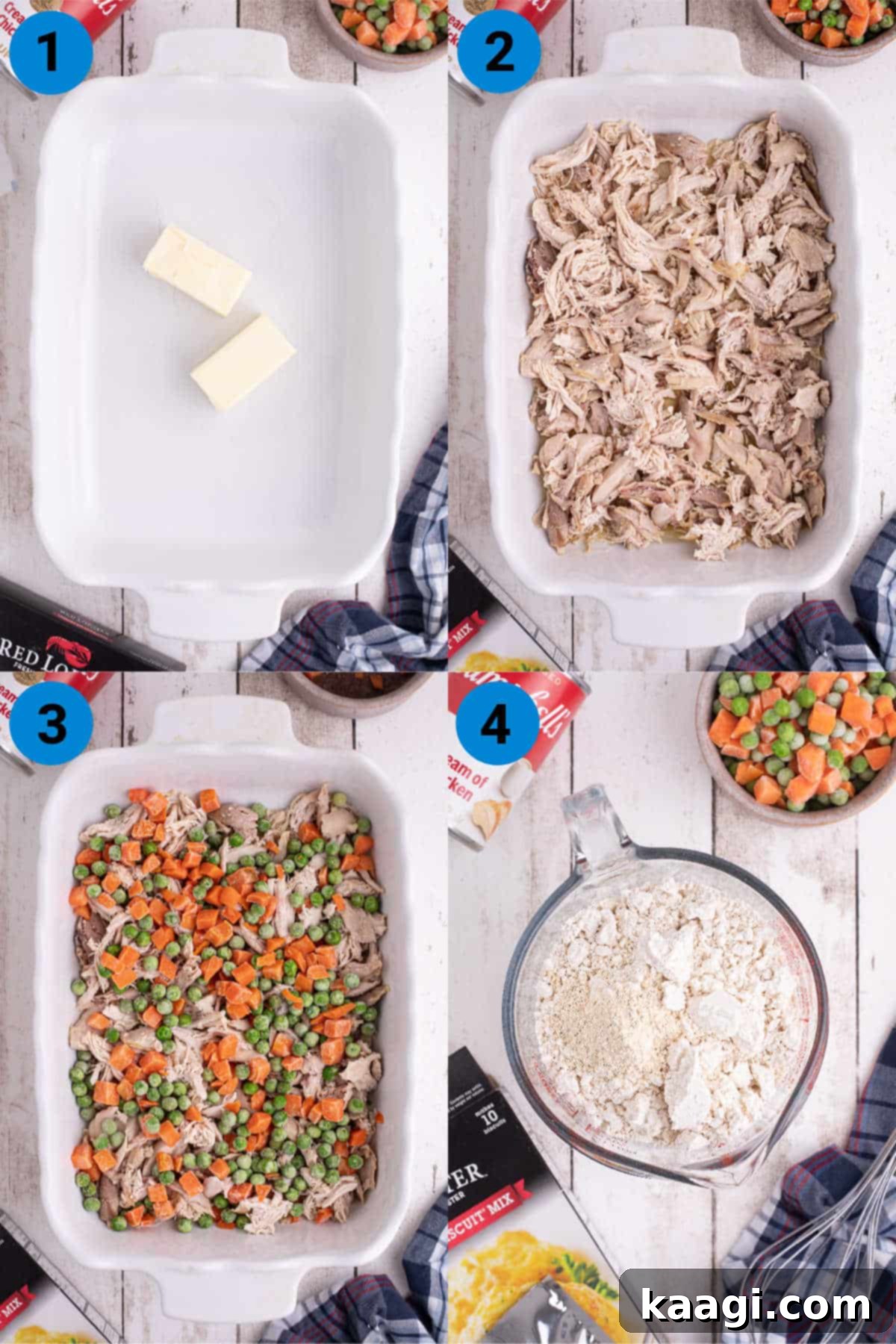 A collage of four images showing the initial steps of how to make a chicken cobbler recipe with red lobster biscuit mix, including melting butter, layering chicken, adding vegetables, and mixing the biscuit dough.