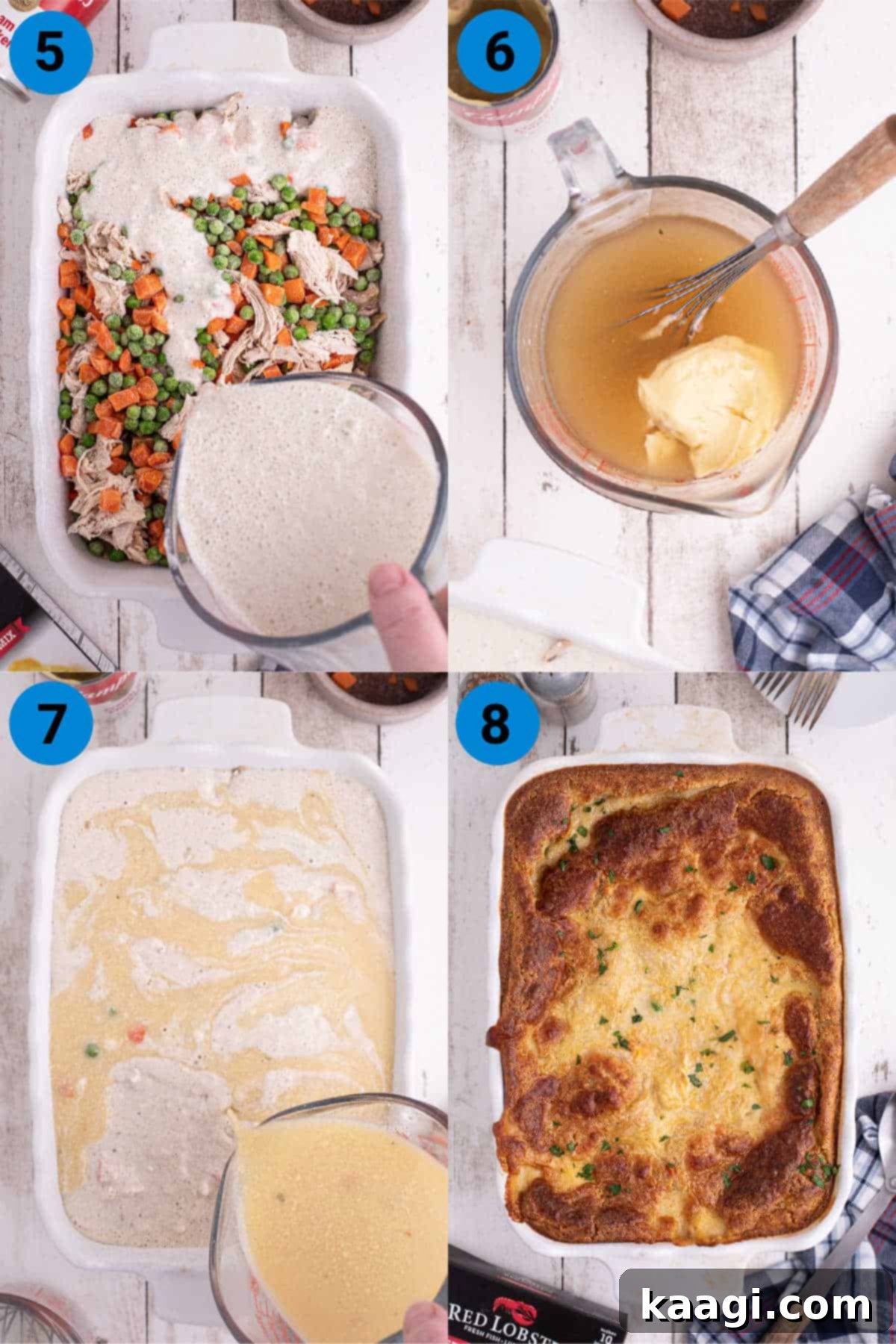 A collage of four images showing the remaining steps to make a chicken cobbler recipe, including pouring biscuit mix, mixing broth and soup, pouring the liquid, and baking.