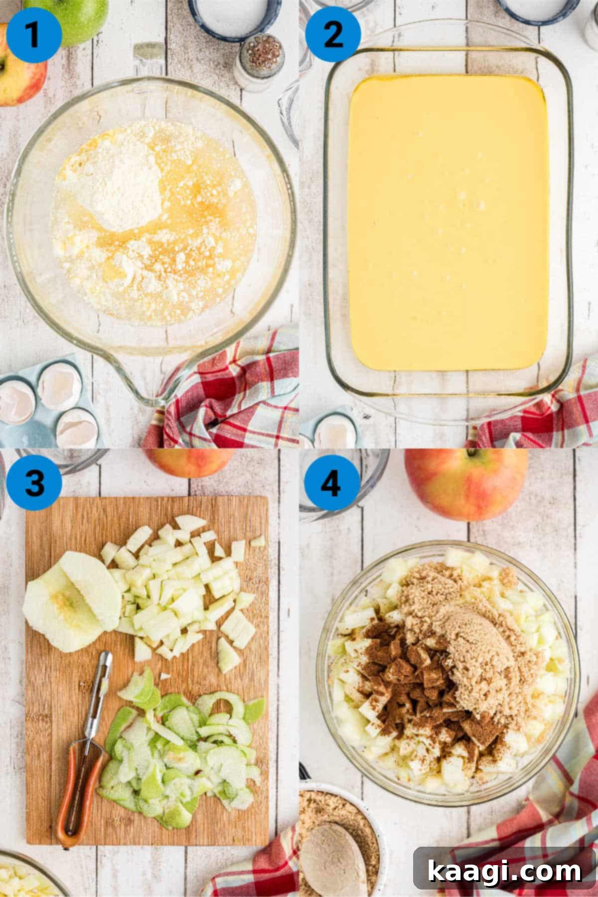 A four-image collage showing the initial steps of making an apple pie cake: mixing cake batter, pouring into a dish, peeling apples, and seasoning apples.